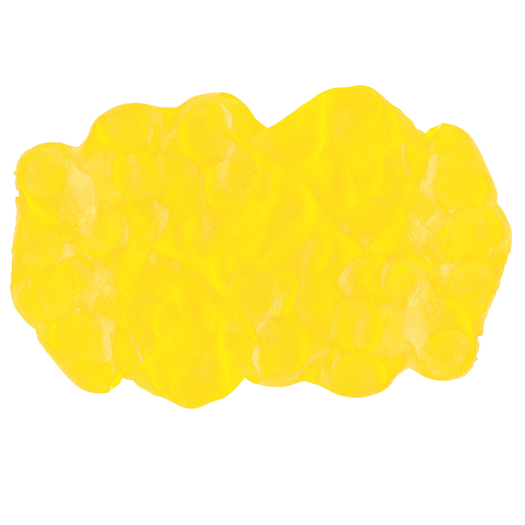 A bright yellow, irregularly rounded textured blob with overlapping circular imprints resembles a character from the Doctor Squish Putty Buddies Asst. 21ct CDU, shown against a white background.