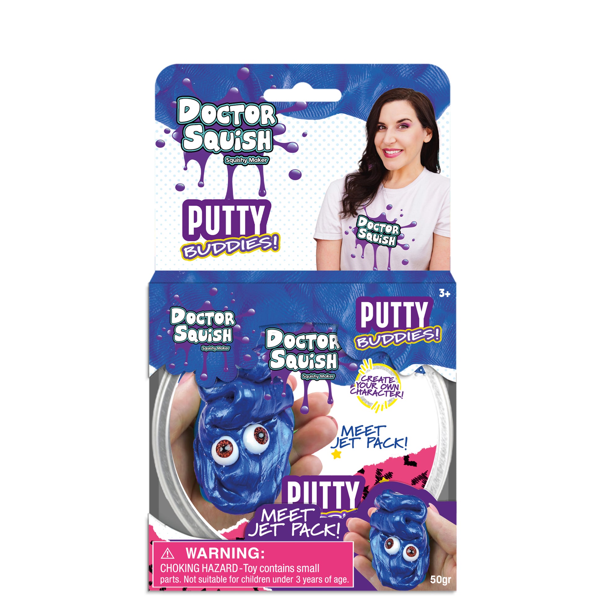 Doctor Squish Putty Buddies Asst. 21ct CDU packaging features a smiling woman, Jet Pack (the blue googly-eyed buddy), a choking hazard warning for kids under 3, and colorful putty for squishy fun!.