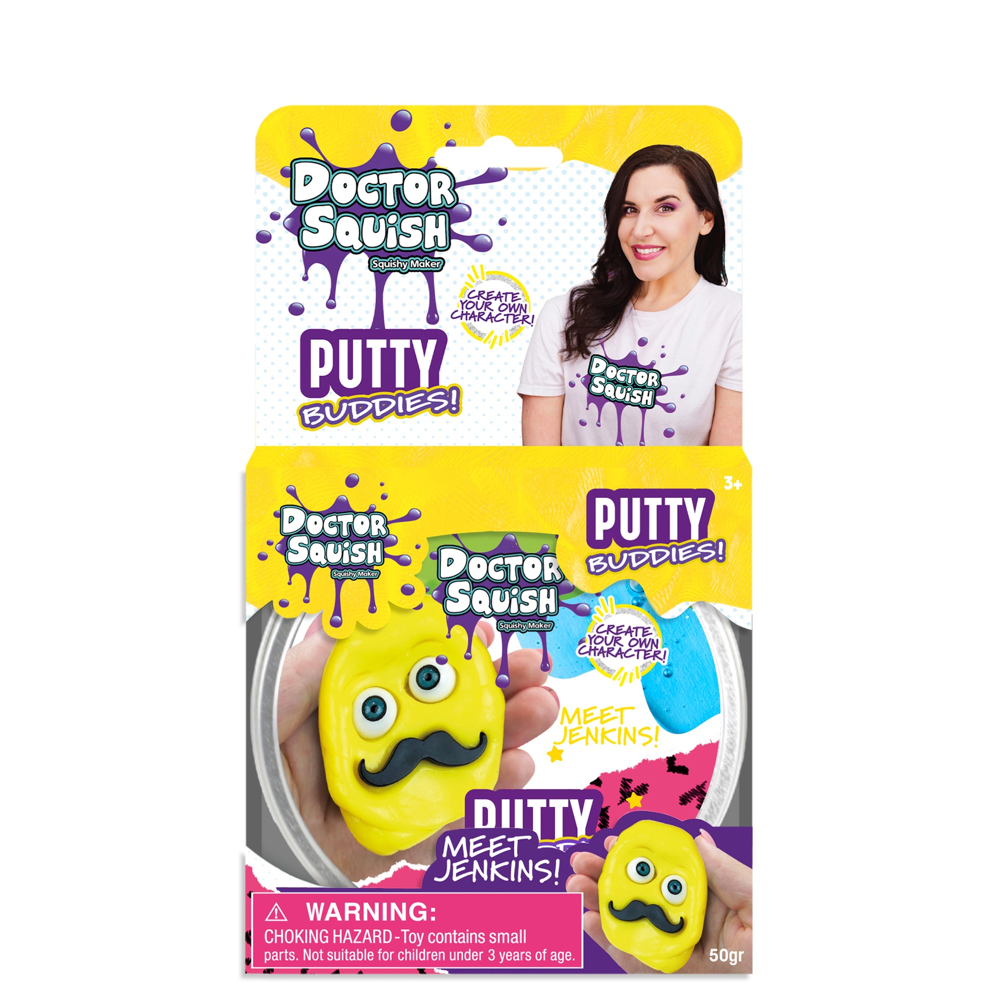Doctor Squish Putty Buddies Asst. 21ct CDU packaging features a smiling woman, a yellow mustached putty character, and text about meeting Jenkins. Discover colorful squishy putty inside! For ages 3+, with choking hazard warning.