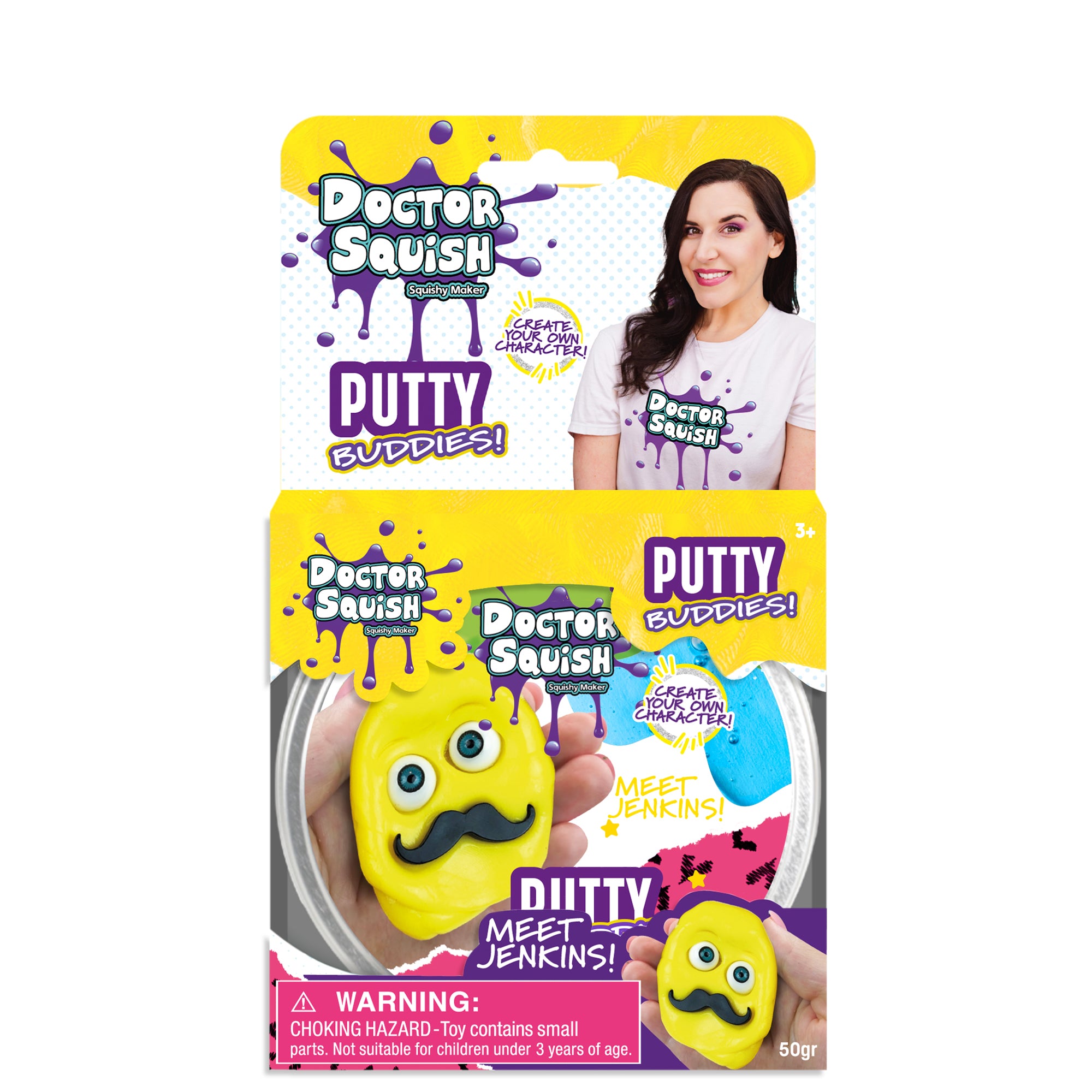Doctor Squish Putty Buddies Asst. 21ct CDU packaging features a smiling woman, a yellow mustached putty character, and text about meeting Jenkins. Discover colorful squishy putty inside! For ages 3+, with choking hazard warning.