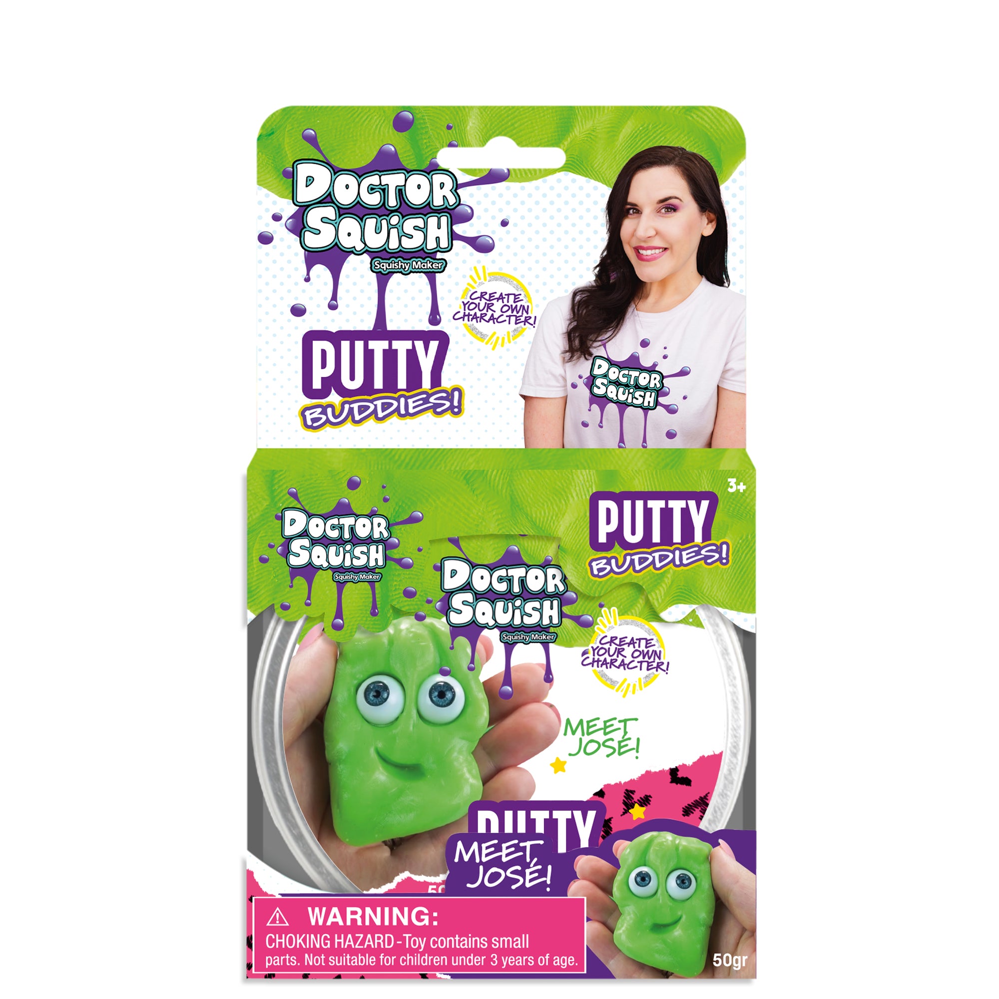 The Doctor Squish Putty Buddies Asst. 21ct CDU features colorful putty and a green, googly-eyed squishy character named José. Packaging warns it's not suitable for children under 3 years.