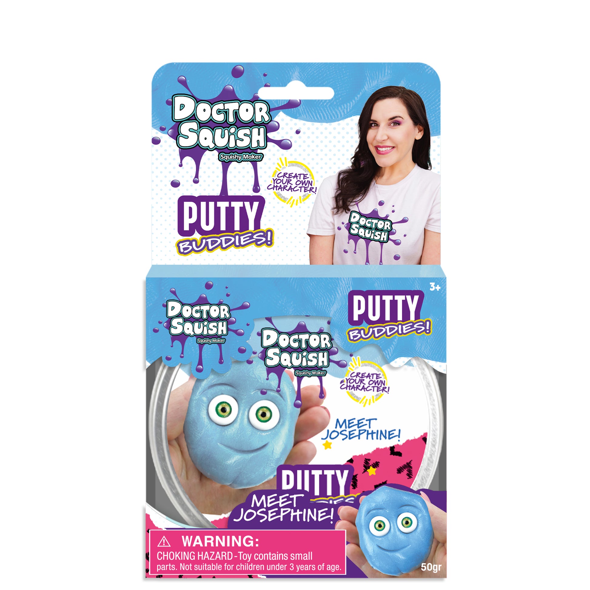 The “Doctor Squish Putty Buddies Asst. 21ct CDU” packaging shows a smiling woman, vibrant putty, and Josephine—the blue, googly-eyed character. Stretchy fun is highlighted, with a choking hazard warning at the bottom.