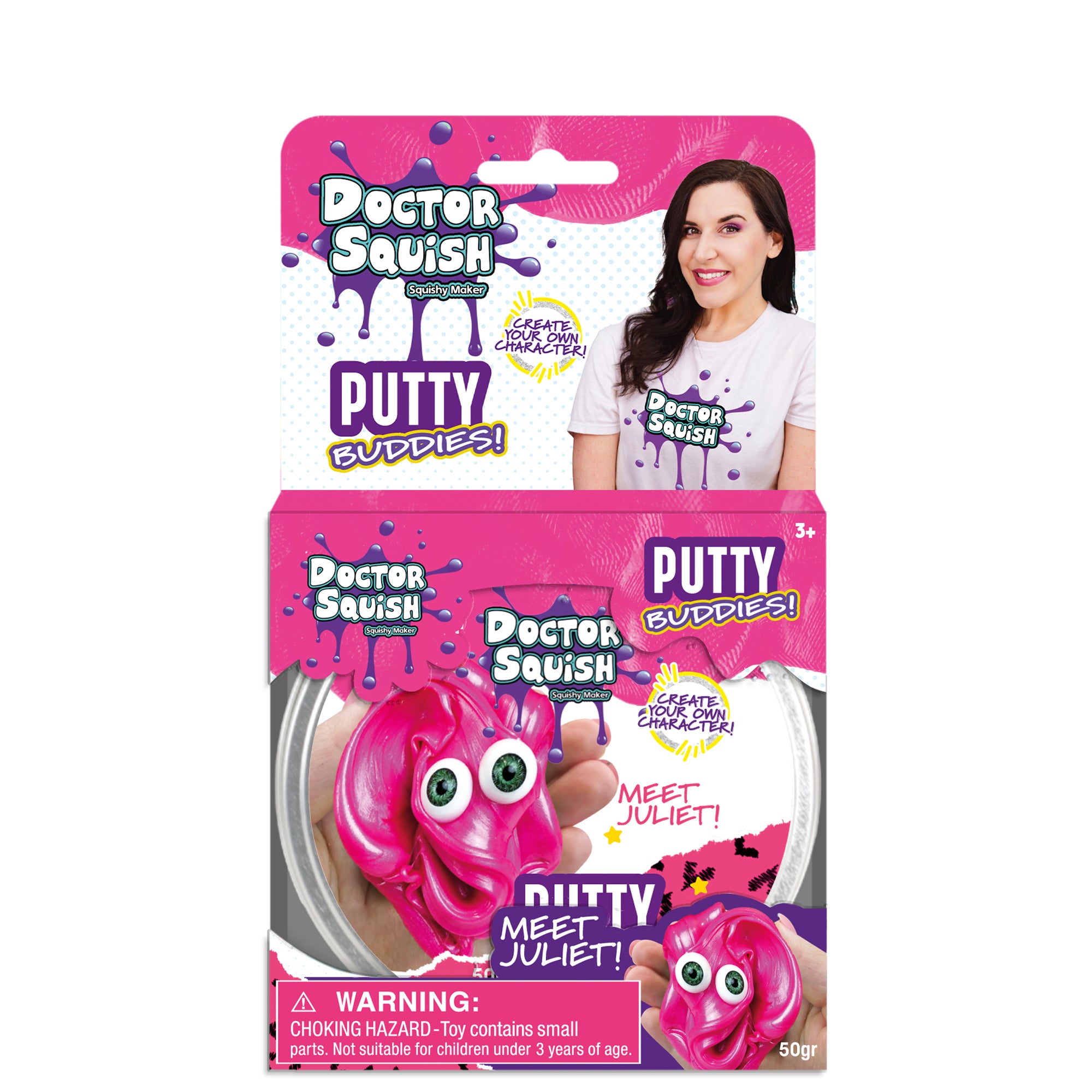 The Doctor Squish Putty Buddies Asst. 21ct CDU boxed toy features a smiling woman in a white shirt and Juliet, a pink, swirled putty character with googly eyes, in pink, white, and purple packaging with safety warnings.