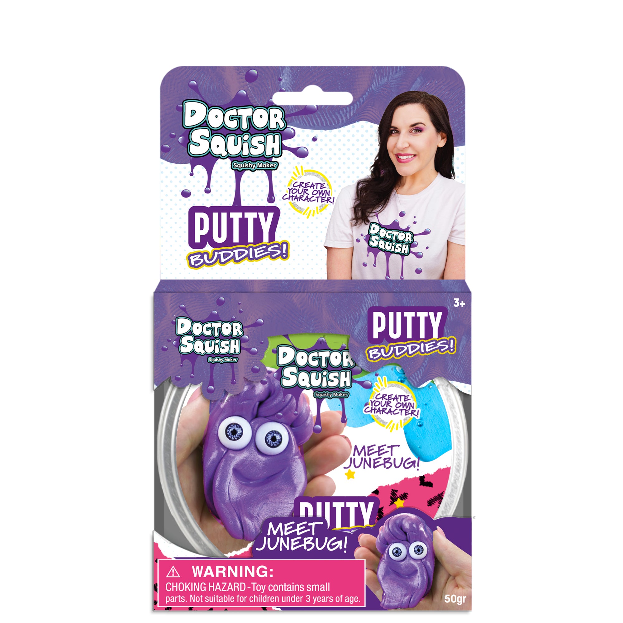Doctor Squish Putty Buddies Asst. 21ct CDU features purple and blue packaging with a smiling woman, a cartoon putty character with googly eyes, and a small parts warning. Meet Junebug—enjoy squishy characters and colorful putty fun!.