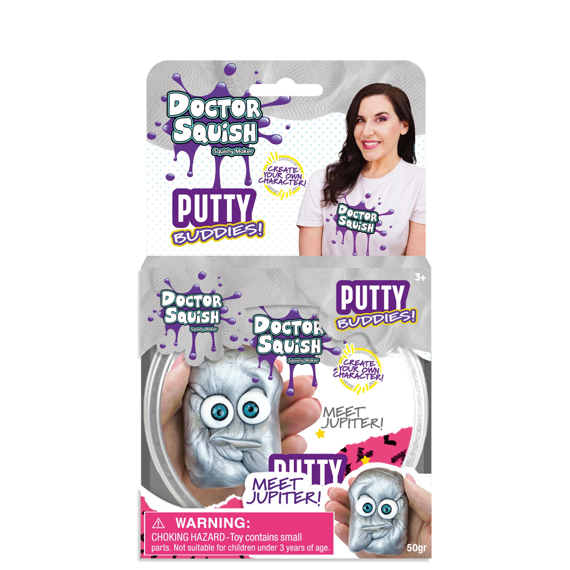 Packaging for Doctor Squish Putty Buddies Asst. 21ct CDU features a smiling woman, purple text, a display window with colorful, googly-eyed putty named Jupiter, and a choking hazard warning at the bottom.