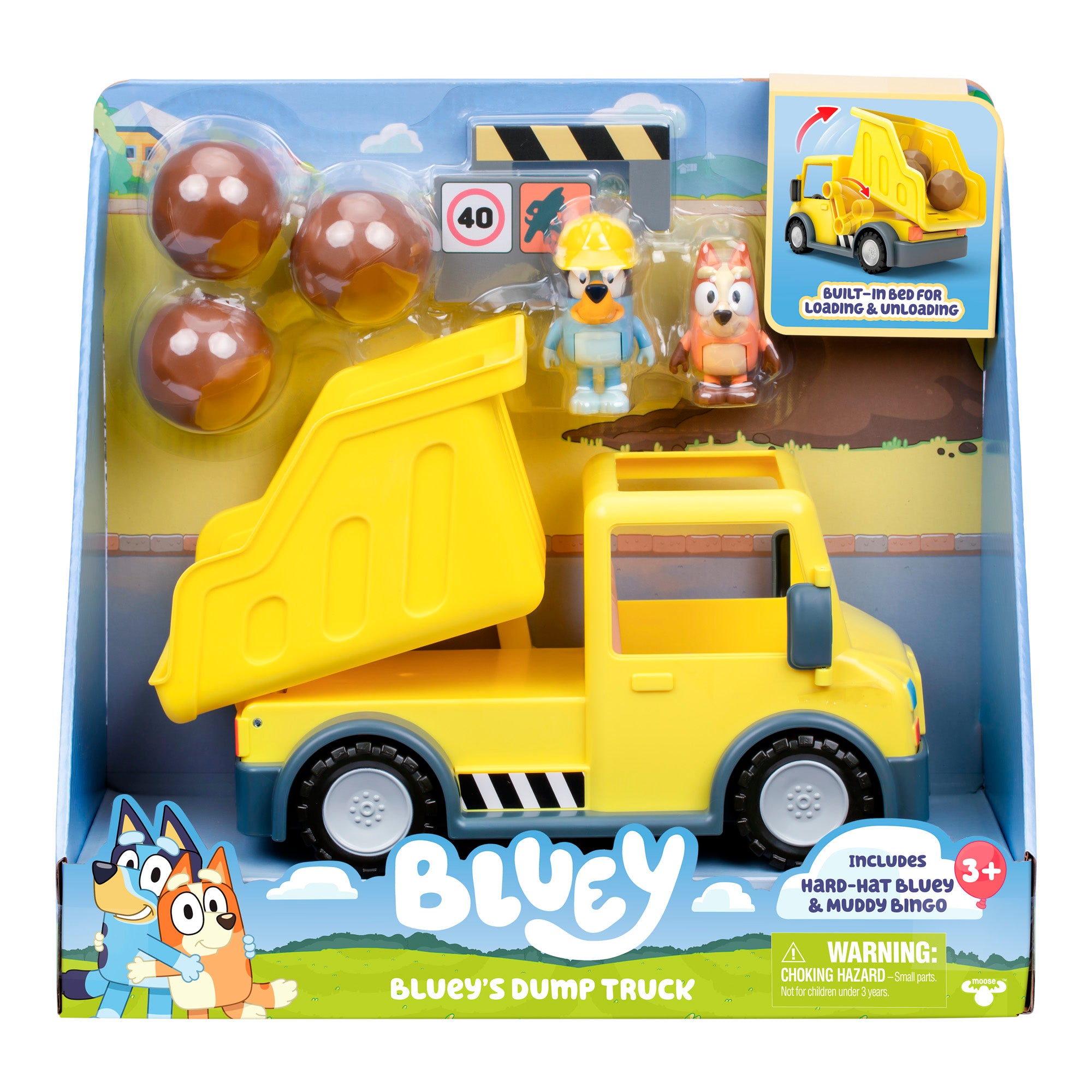 The Bluey Dump Truck toy set includes a yellow dump truck, Hard-Hat Bluey and Wheeee! Bingo figures, three brown balls, and comes in Bluey-themed packaging for kids ages 3+.