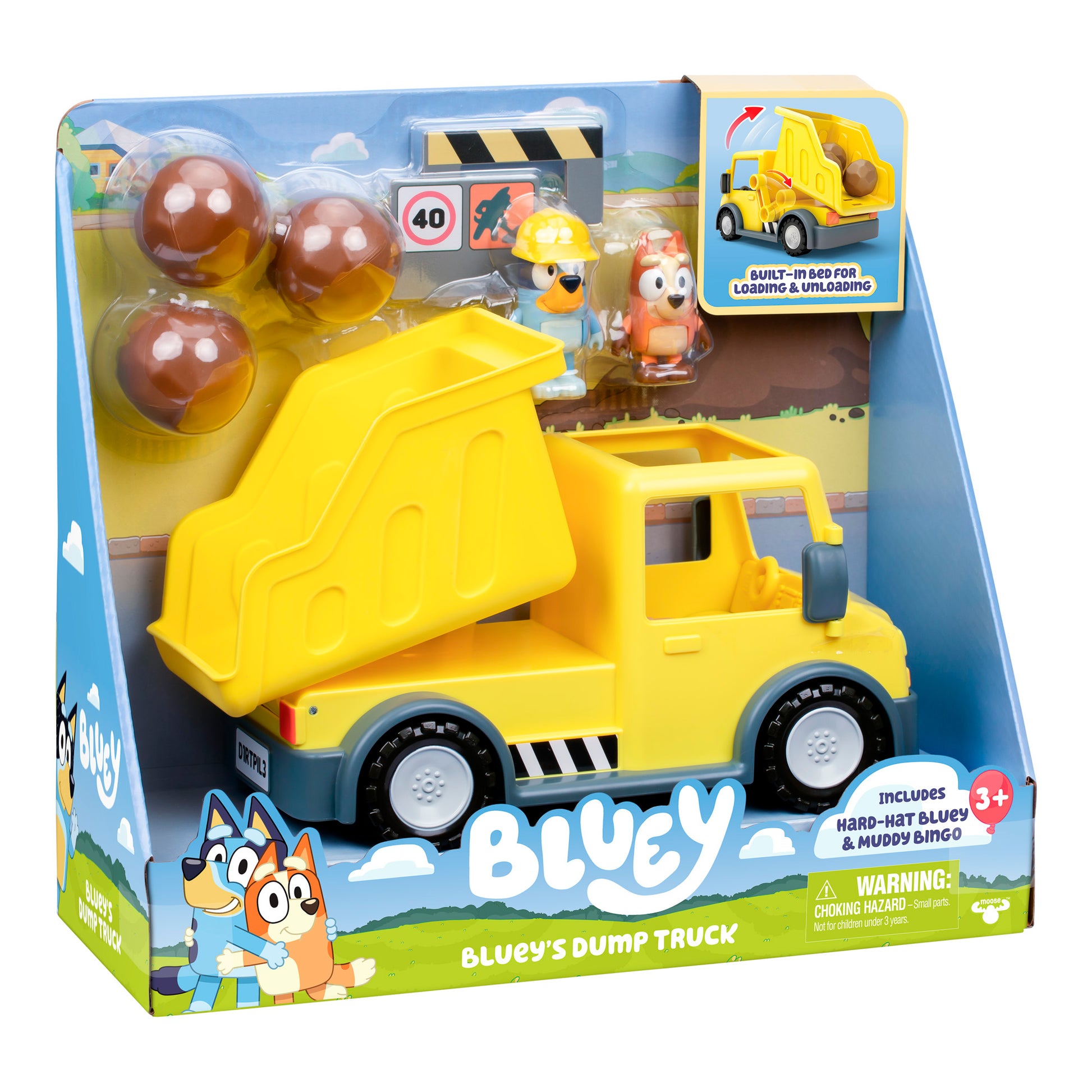 The Bluey Dump Truck set includes a yellow dump truck, construction barriers, balls, and two Bluey figures with hard hats, all in packaging labeled for ages 3 and up.