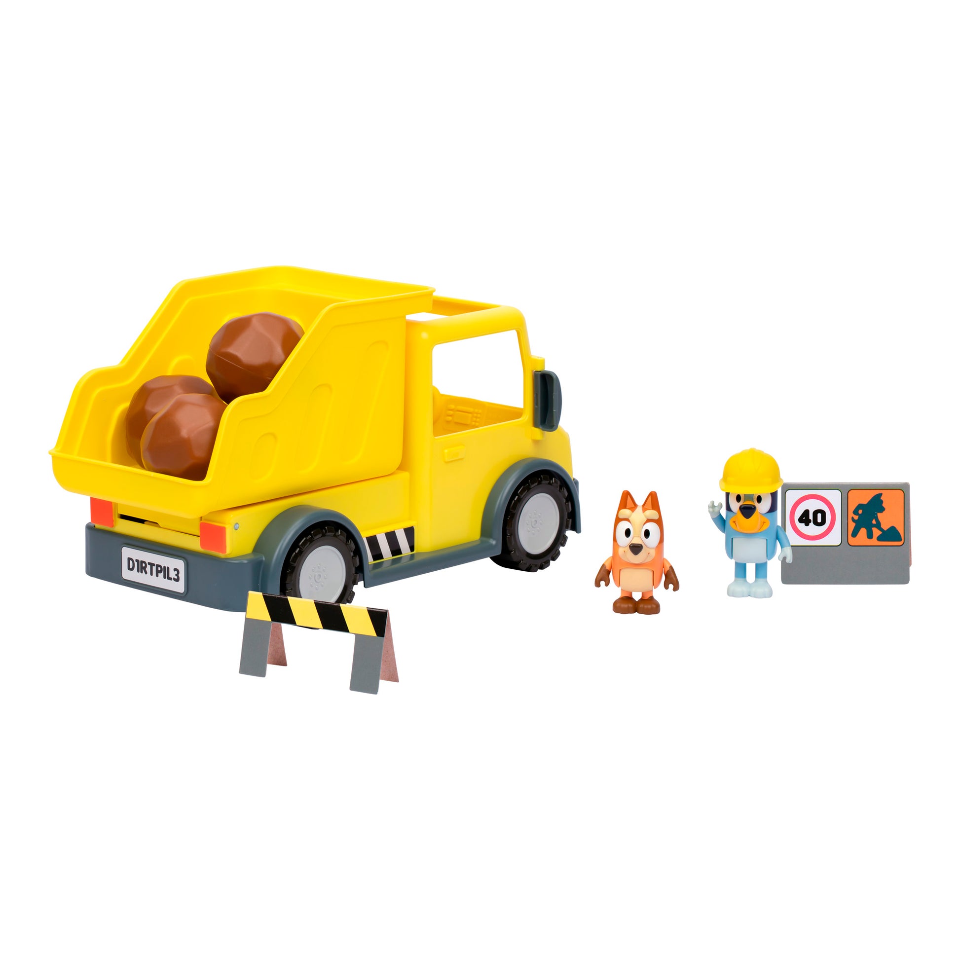 The Bluey Dump Truck is a yellow toy dump truck with rocks in the bed, featuring two character figurines, a roadblock, and two construction signs.