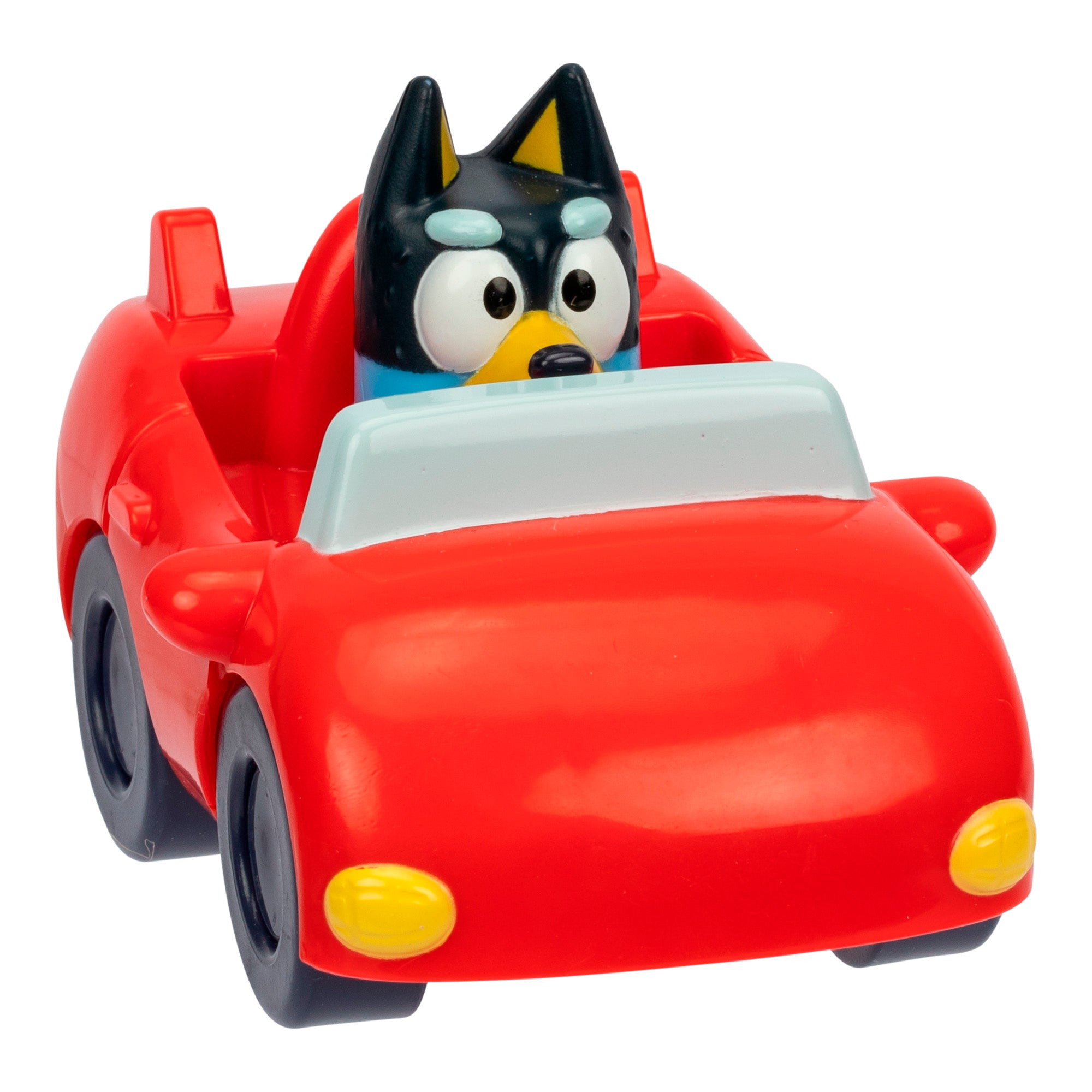 Toy car with a character in a red car on a white background