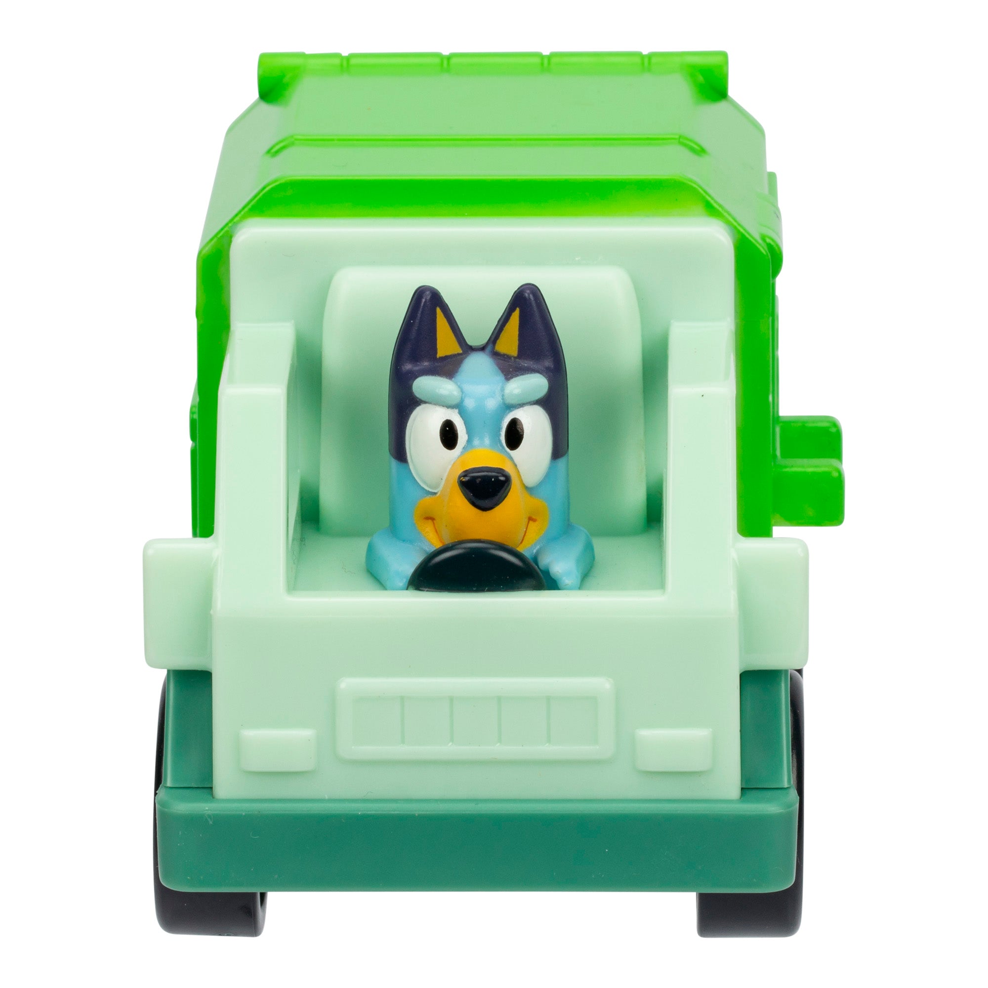 Toy figure of a cartoon character in a green vehicle on a white background