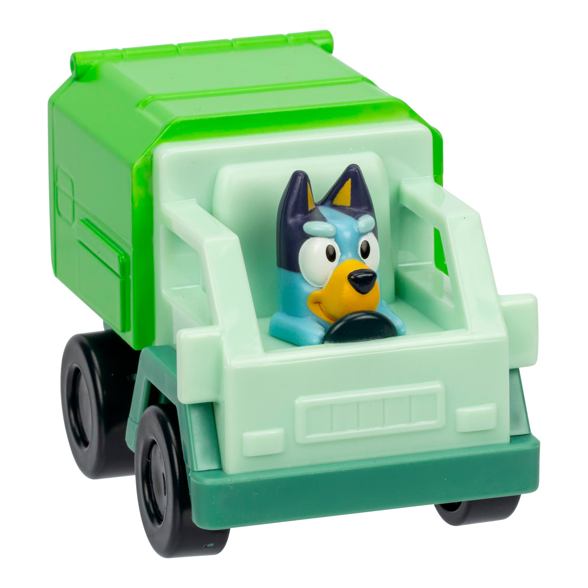 Toy figure of a character in a green and light green vehicle on a white background