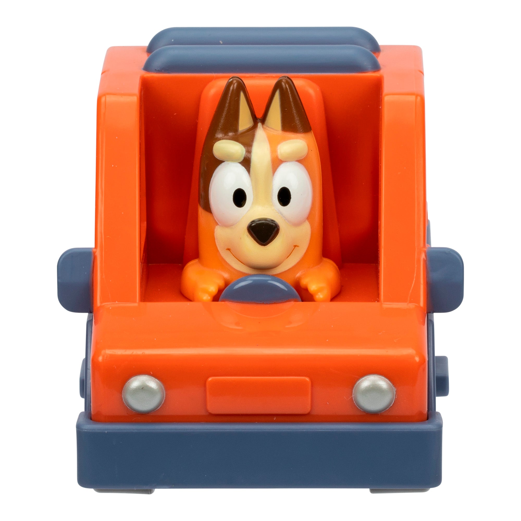 Toy figure of a cartoon character in an orange vehicle on a white background