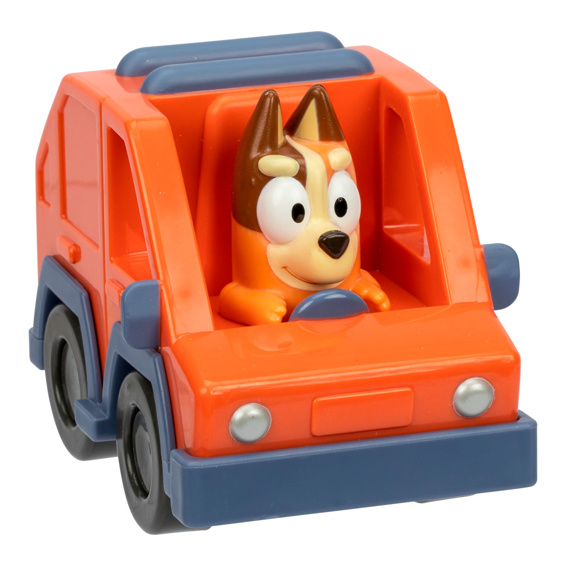 Toy figure of a dog driving an orange car with blue accents on a white background
