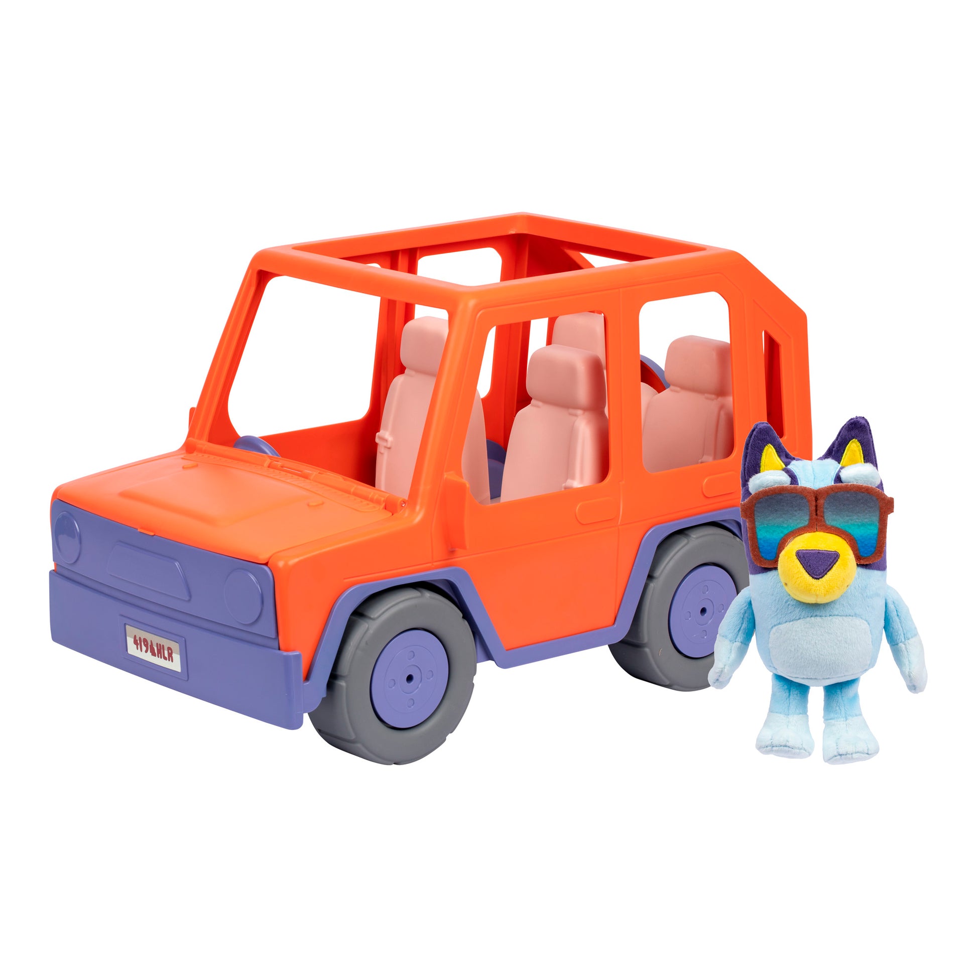 The Bluey Buddies Big Heeler 4WD Car Playset, an orange and purple four-seater toy car, is next to a small plush blue dog with red sunglasses.