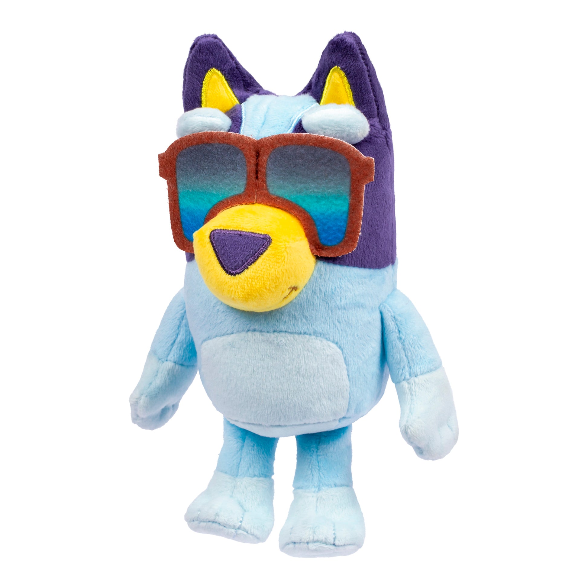 The Bluey Buddies Big Heeler 4WD Car Playset features a plush Bluey toy, a blue cartoon dog with brown sunglasses and blue lenses, yellow nose and inner ears, standing upright on a white background.