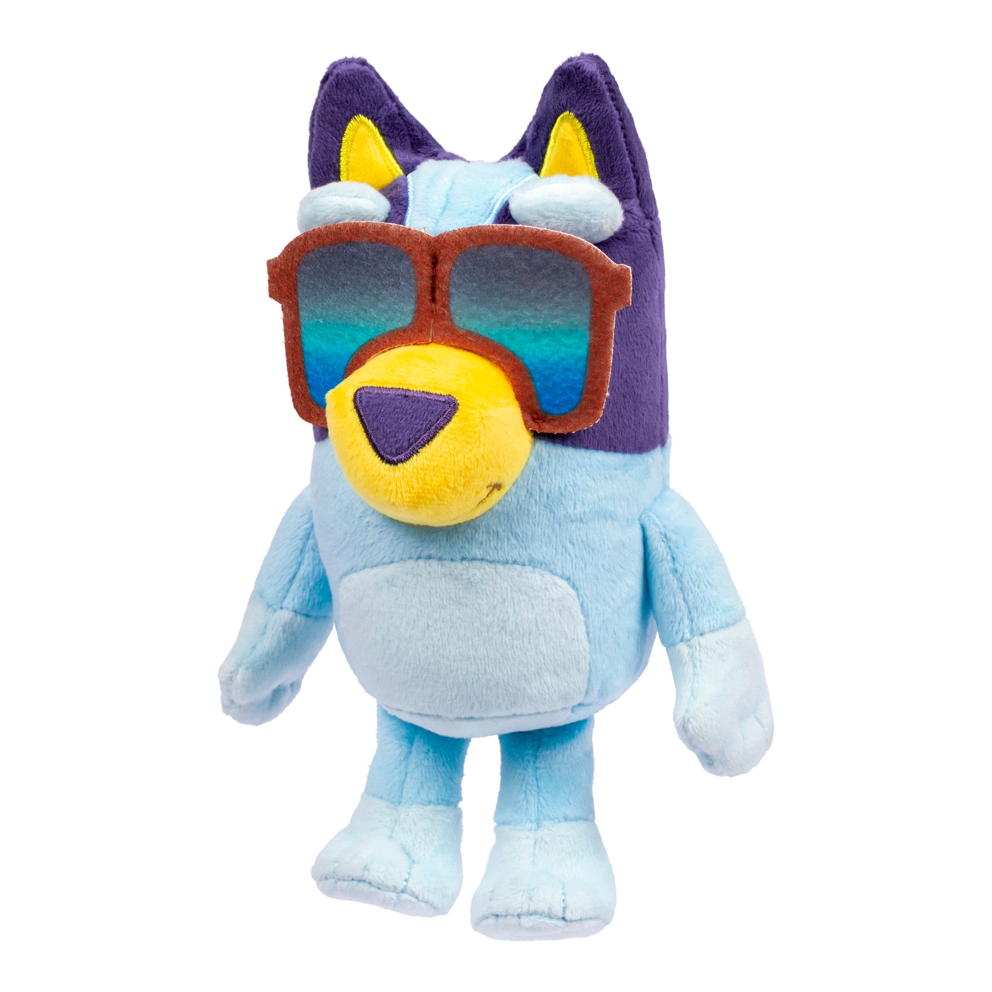 The Bluey Buddies Big Heeler 4WD Car Playset features a plush Bluey toy, a blue cartoon dog with brown sunglasses and blue lenses, yellow nose and inner ears, standing upright on a white background.