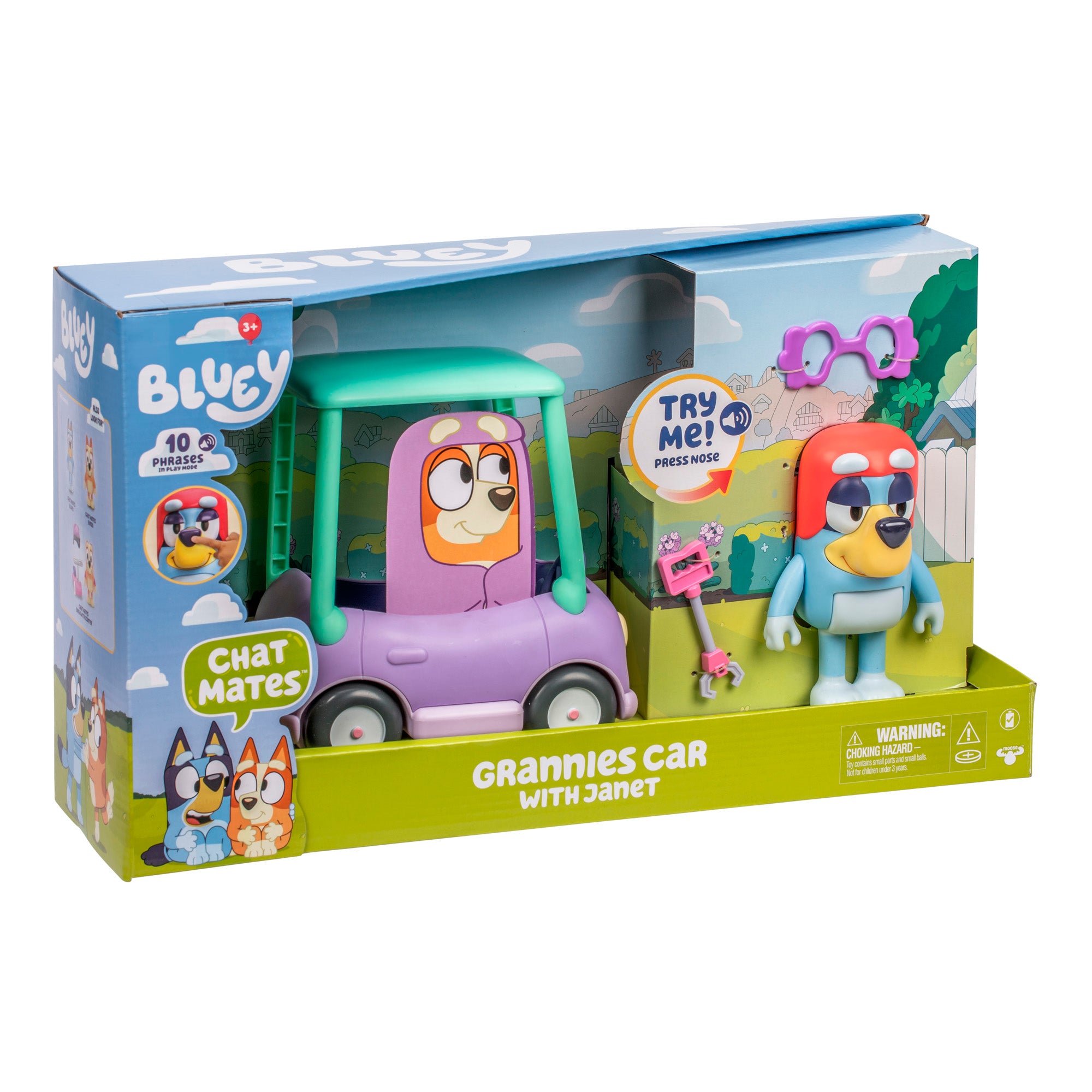The Bluey Chat Mates Janet Playset includes a purple and green toy car, Janet figure, pink glasses, a small accessory, and features colorful packaging graphics.