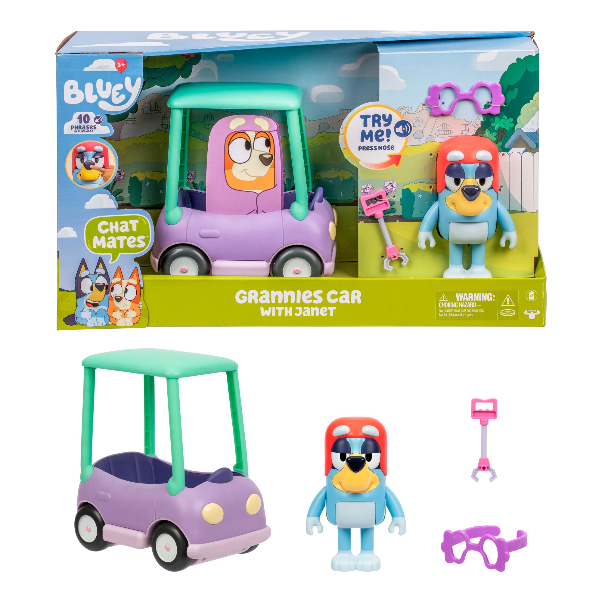 The Bluey Chat Mates Janet Playset includes a purple and green toy car, a Janet figure with red helmet and pink glasses, a key, glasses, fun Bluey-themed packaging, and a Try Me button.