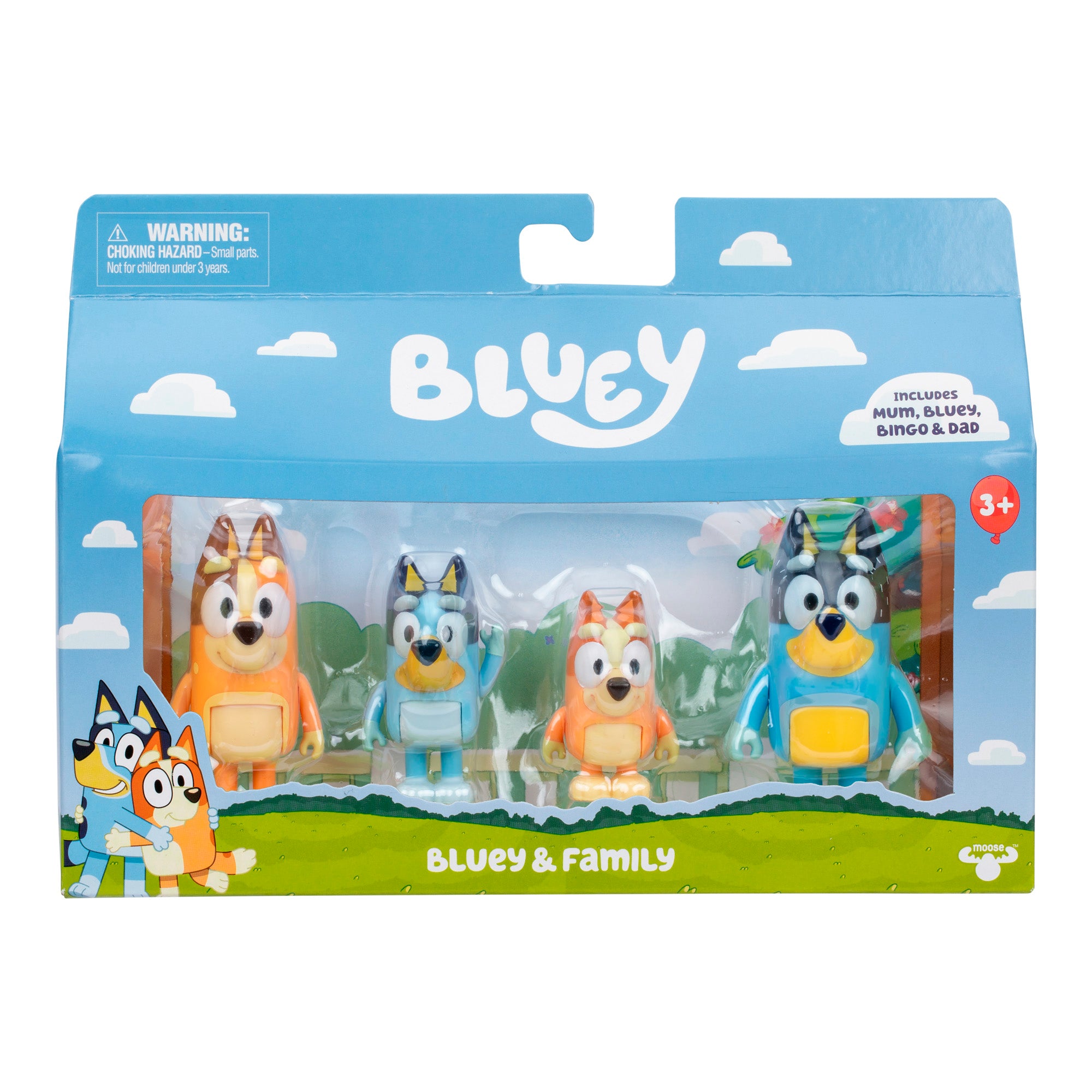Packaged toy figures of Bluey and family characters with blue sky and cloud design.