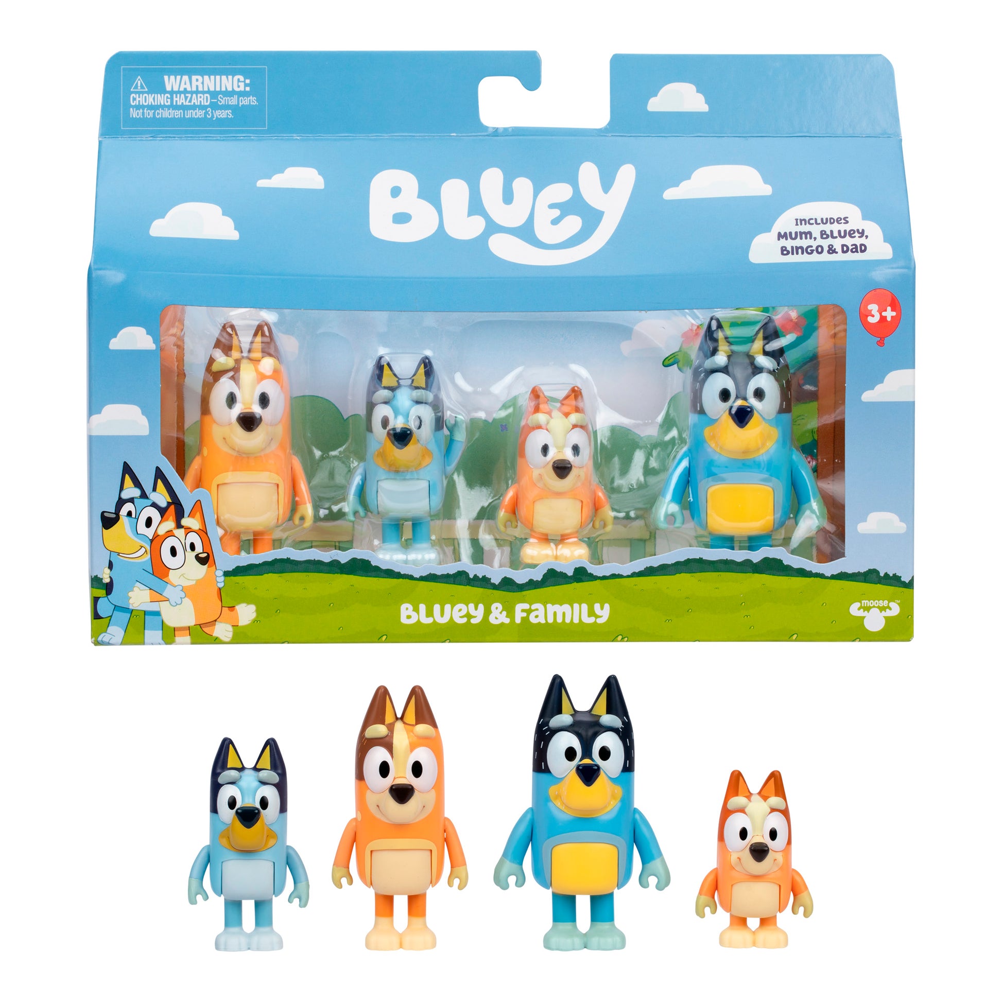 Packaged toy figures of Bluey and family with blue sky and cloud background