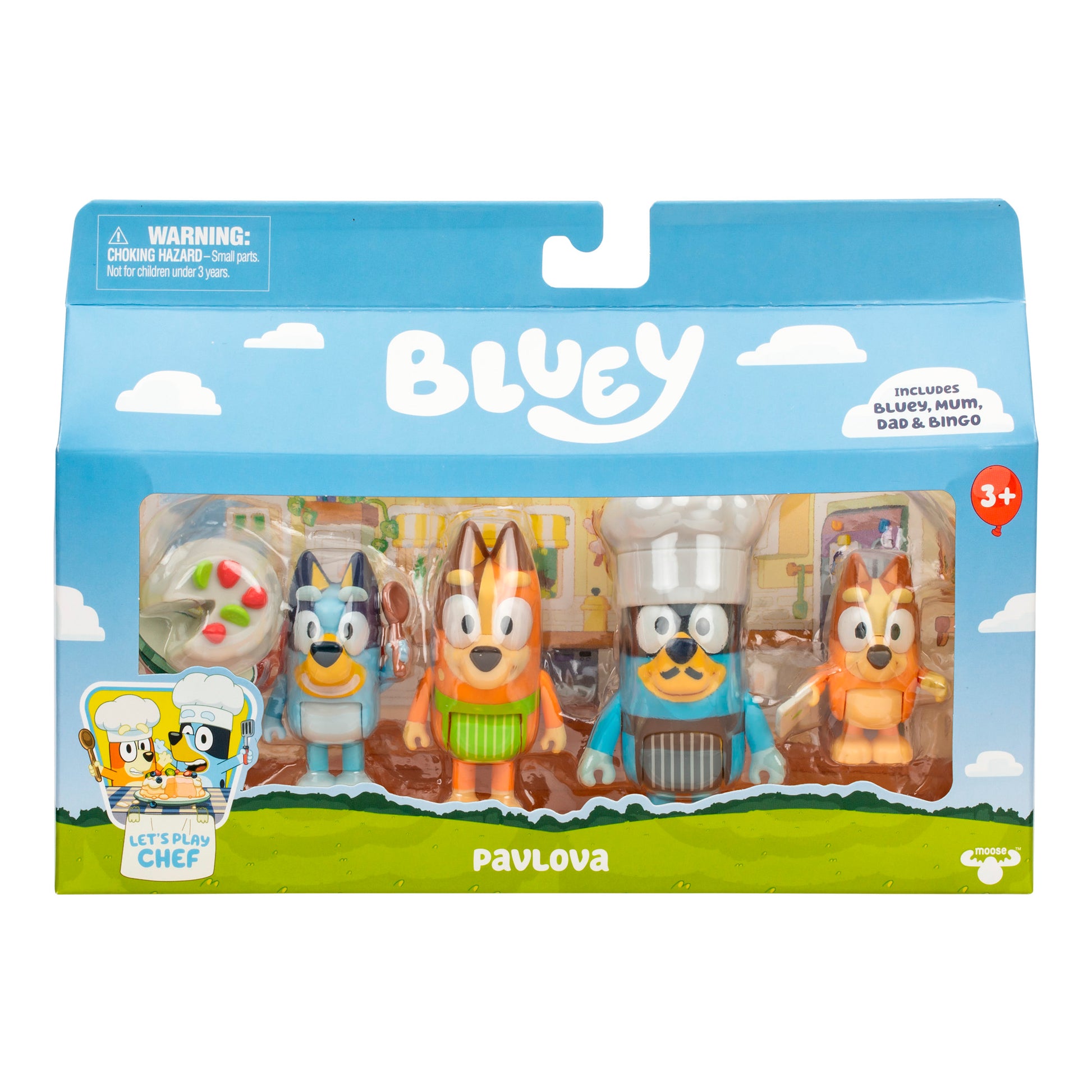 Packaged toy set of characters from the show 'Bluey' with a blue sky background.
