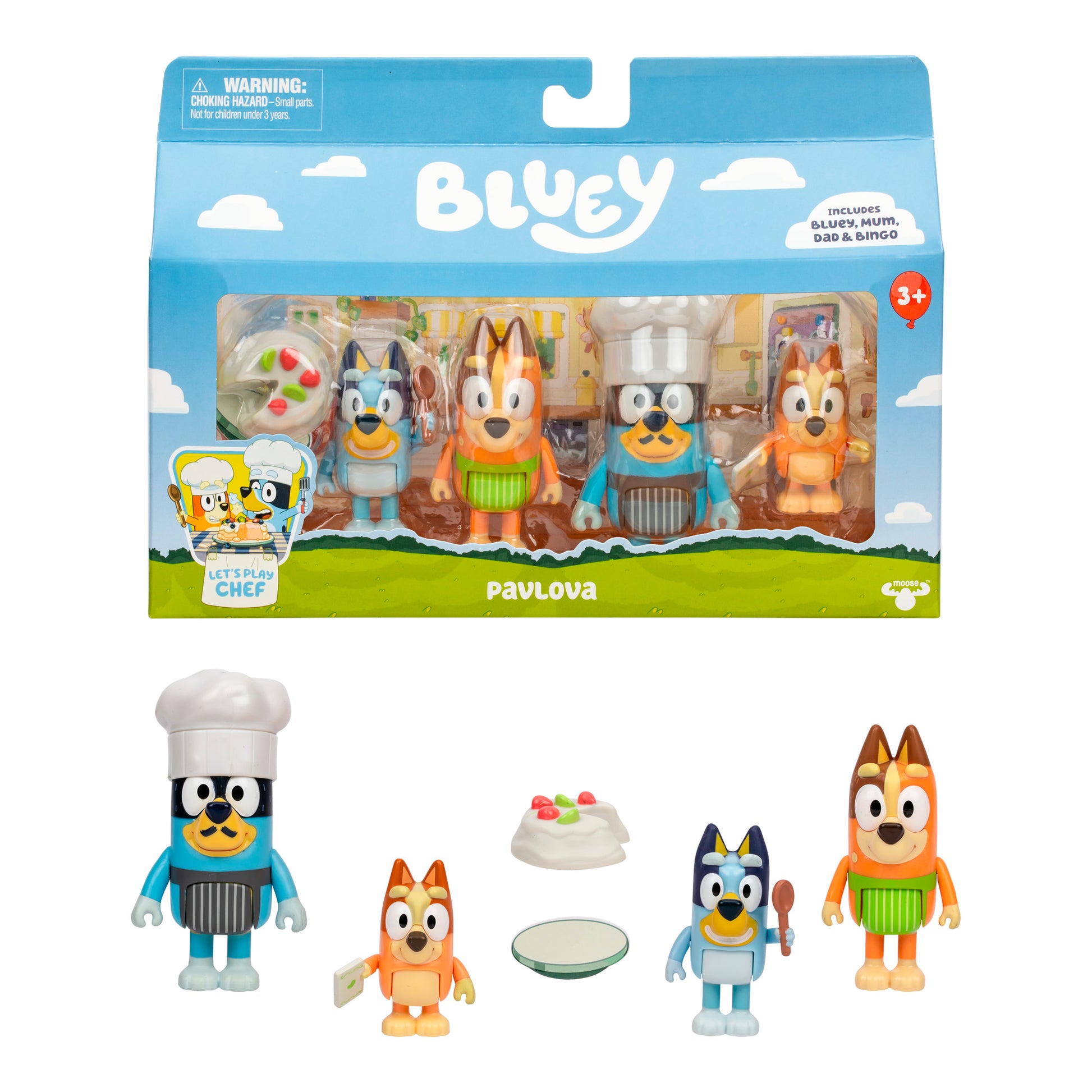 Bluey toy figures packaging with characters and pavlova cake.