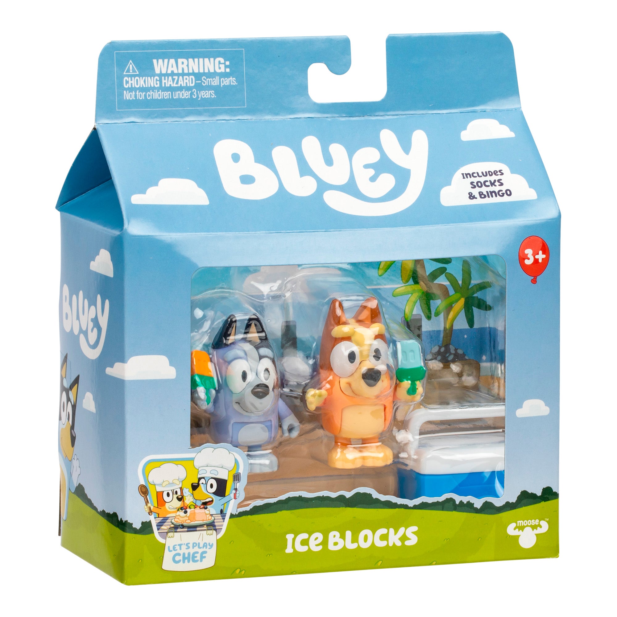 Bluey Ice Blocks Figure Set 2-Pack in blue packaging includes Bluey and Bingo figures with accessories, a beach scene background, and a Let’s Play Chef sticker. For ages 3+, it’s perfect for Bluey fans.