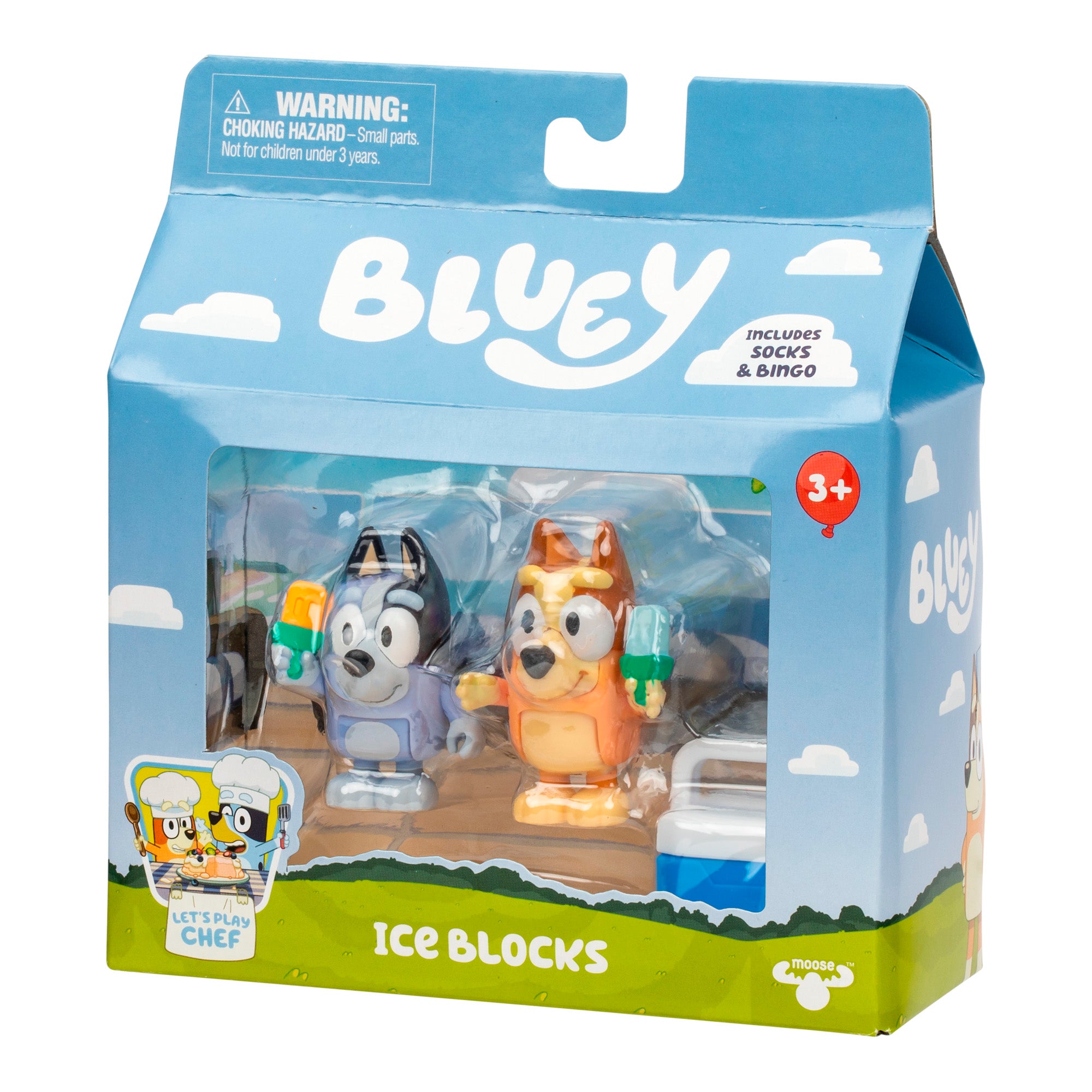 The Bluey Ice Blocks Figure Set 2-Pack includes Bingo and Socks figures holding ice blocks in a blue cloud-themed box labeled “ICE BLOCKS” with a small parts warning. Suitable for ages 3+.