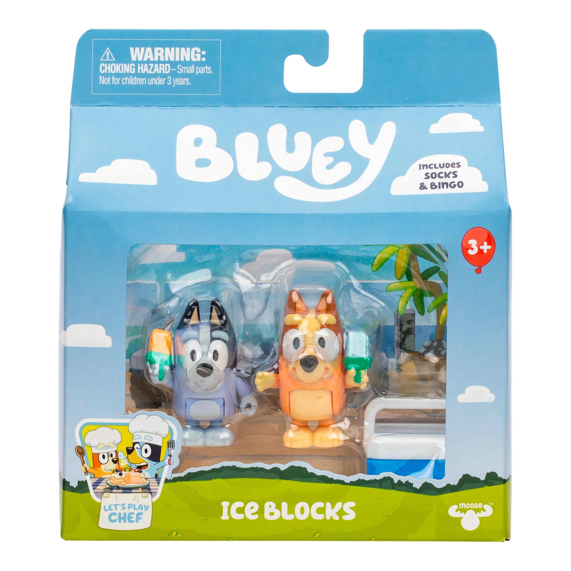 The Bluey Ice Blocks Figure Set 2-Pack includes Bingo and Socks figures with ice pops, packaged in a fun blue box with a warning label. Perfect for ages 3+, it’s a great addition to any Bluey toys collection!.