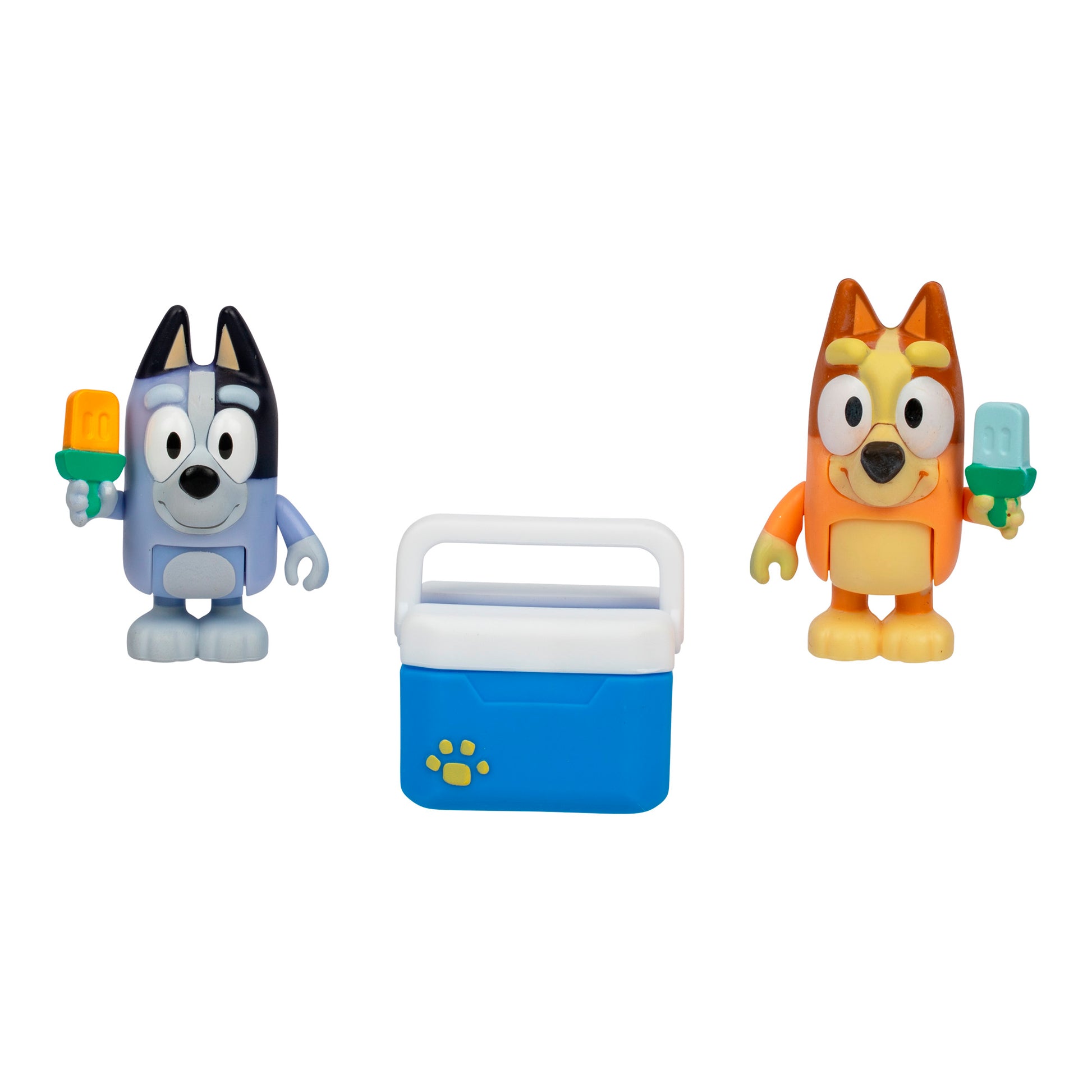 A set of Bluey toys featuring Bingo, Socks, and the Bluey Ice Blocks Figure Set 2-Pack, displayed on a white background.