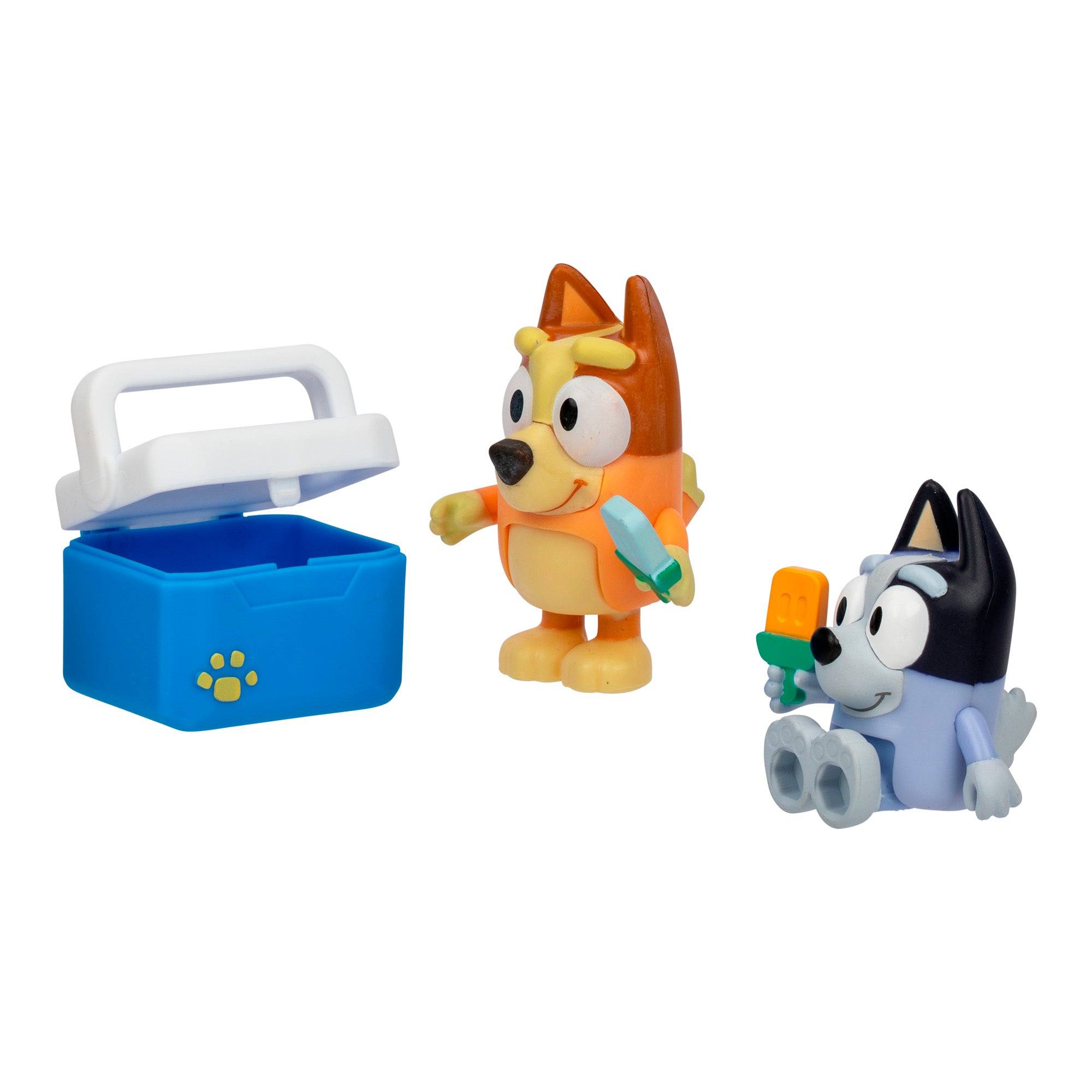The Bluey Ice Blocks Figure Set 2-Pack includes two Bluey figures with popsicles—one standing, one sitting—next to an open blue lunchbox with a paw print, making it a perfect gift for any Bluey fan.
