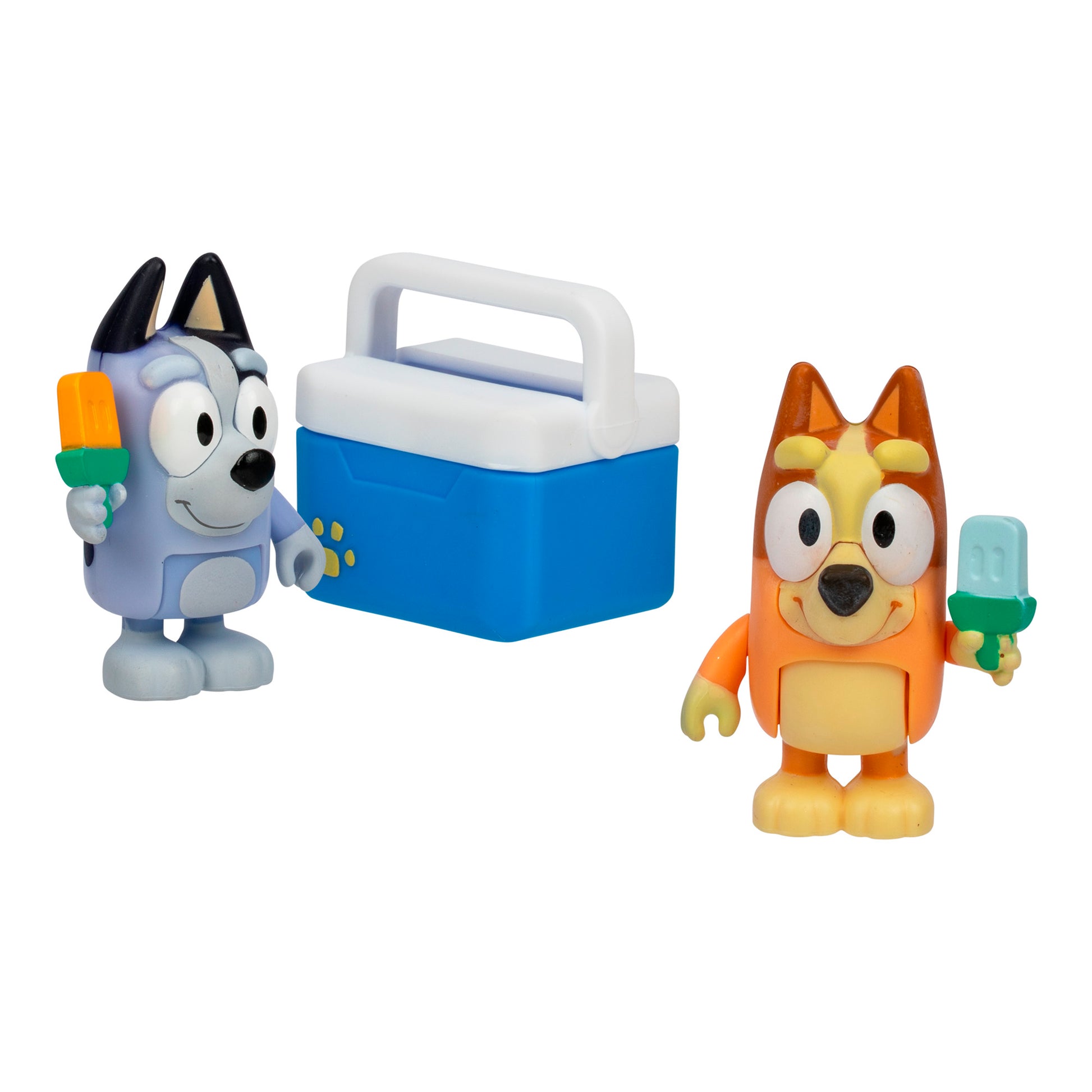 The Bluey Ice Blocks Figure Set 2-Pack features two cheerful cartoon dog figurines: one blue holding an orange popsicle, and one orange with a blue popsicle, standing beside a blue and white cooler—perfect for any Bluey fan!.