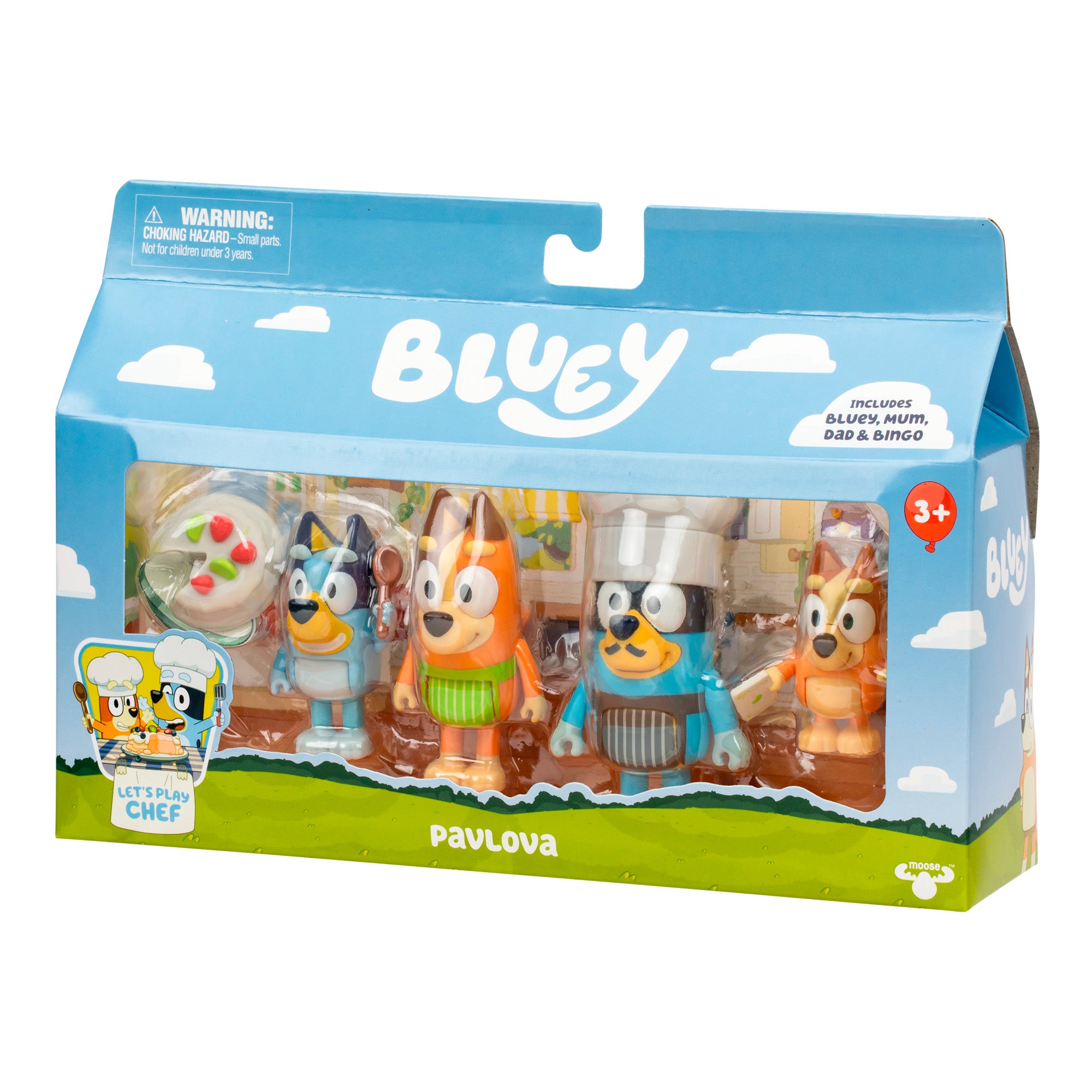 The Bluey Let’s Play Chef Pavlova 4-Pack Figure Set comes in blue packaging with cartoon artwork and includes Bluey, Mum, Dad, Bingo figures, and a pavlova dessert. Labeled "Let's Play Chef," it's suitable for ages 3 and up.