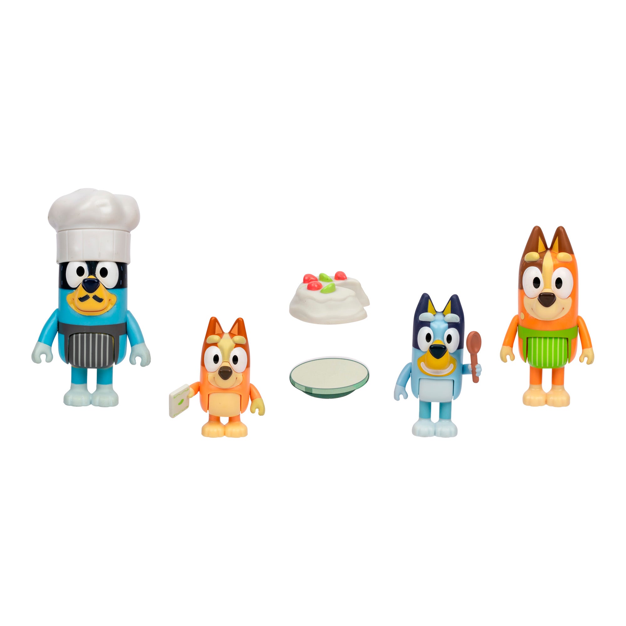 The Bluey Let’s Play Chef Pavlova 4-Pack Figure Set features four Bluey character toys, including a chef and two with utensils, arranged around toy food and plates on a white background.