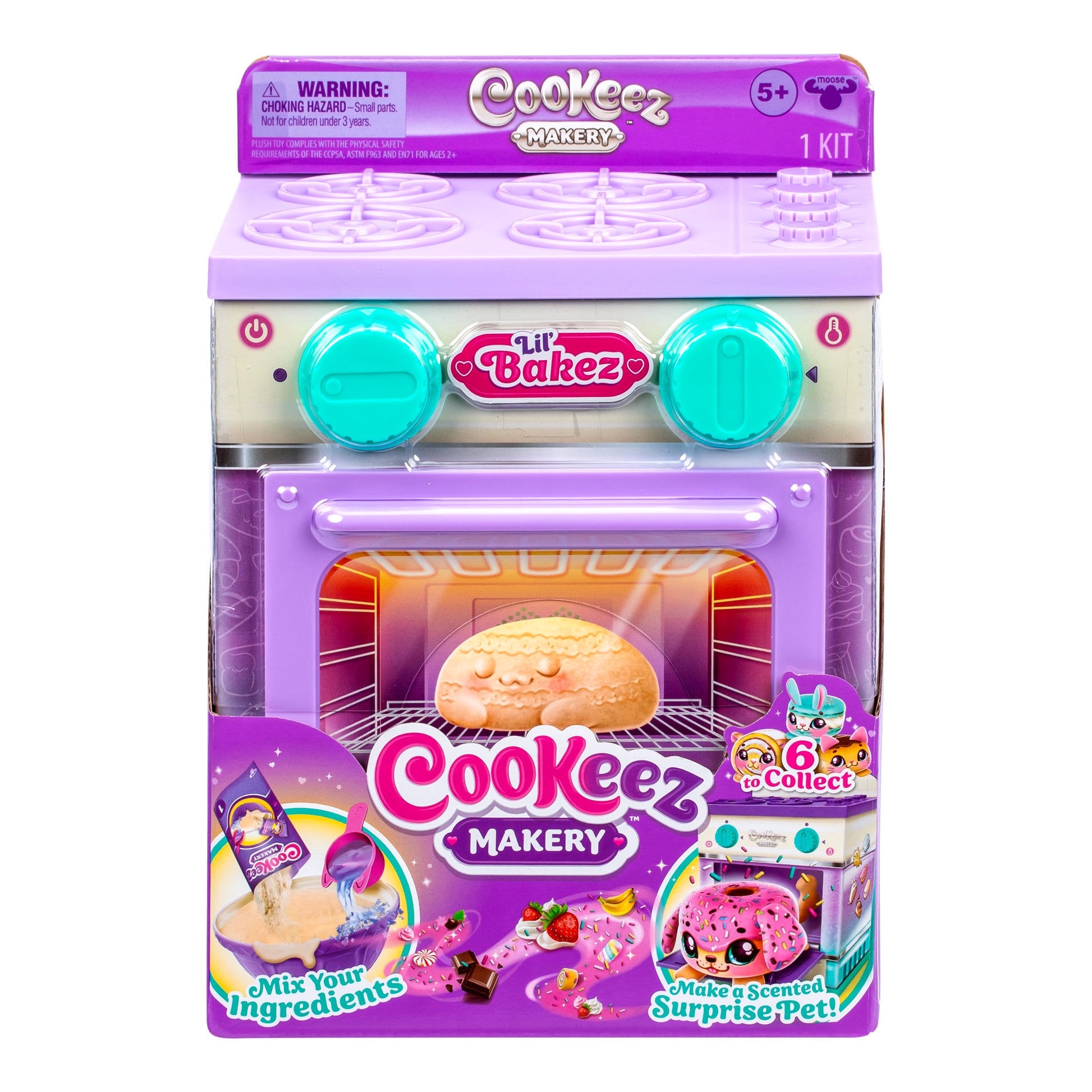 The Cookeez Makery Lil' Bakez Playset comes in purple and pink packaging with images of the toy oven, baking tray with a pastry, and collectible scented surprise pets. Suitable for ages 5 and up.