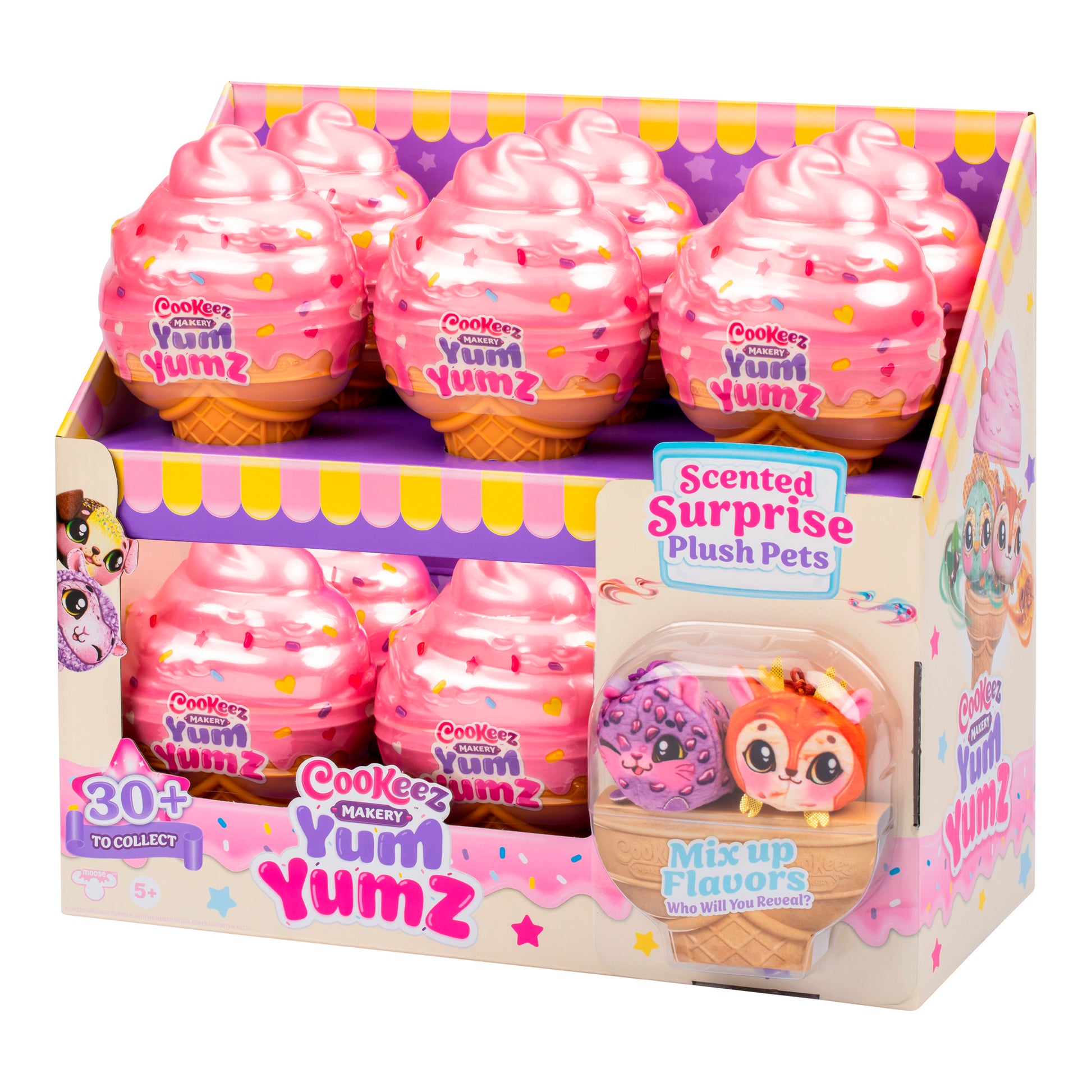 The Cookeez Makery Yum Yumz 2 Pack features scented surprise plush pets shaped like pink frosted ice cream cones, with colorful characters on the box and a promo for 30+ to collect and mix up flavors.