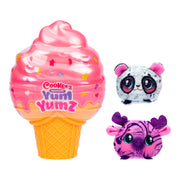 The Cookeez Makery Yum Yumz 2 Pack includes a pink ice cream cone container and two plush animals: a white and gray panda with pink ears, and a purple moose with dark purple patterns.
