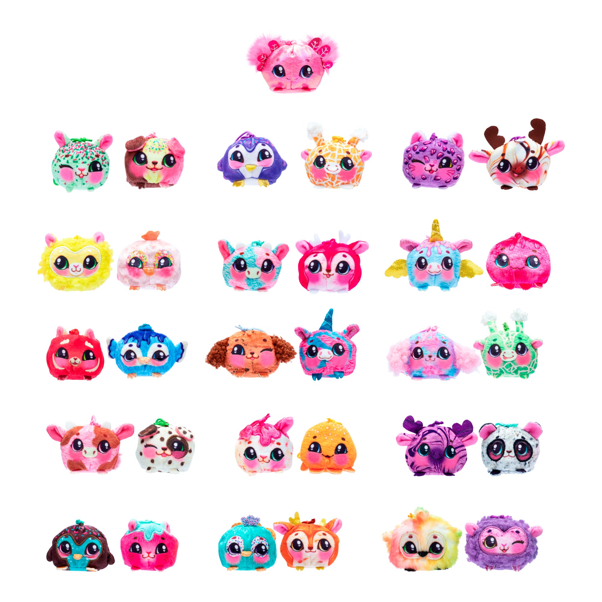 The Cookeez Makery Yum Yumz 2 Pack features 28 colorful, round plush toys with animal details like ears, horns, wings, and patterns, all arranged in four rows on a white background.