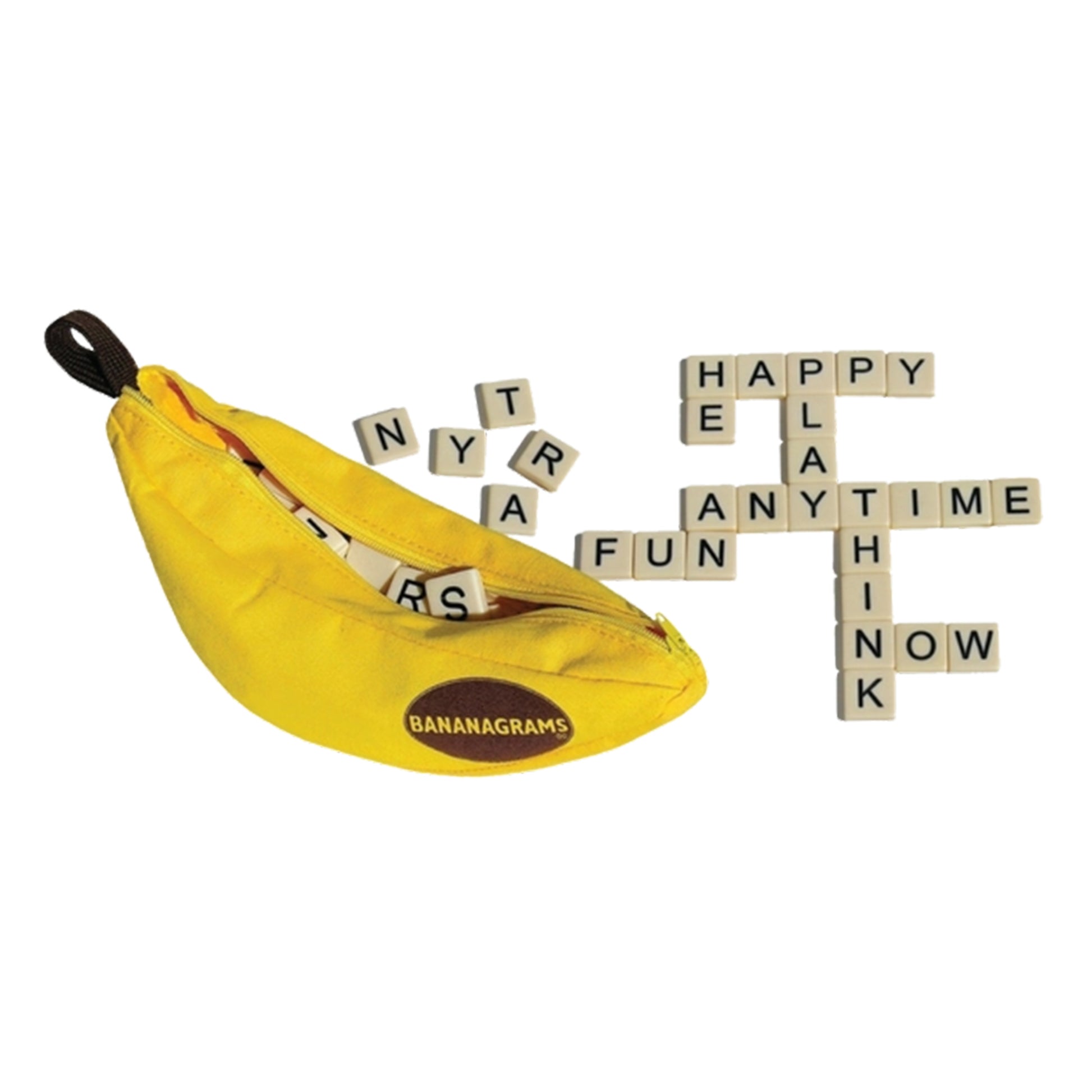 A Moose Toys Bananagrams yellow banana-shaped pouch with letter tiles spilling out, forming intersecting words like HAPPY, ANYTIME, FUN, and THINK on a white background.