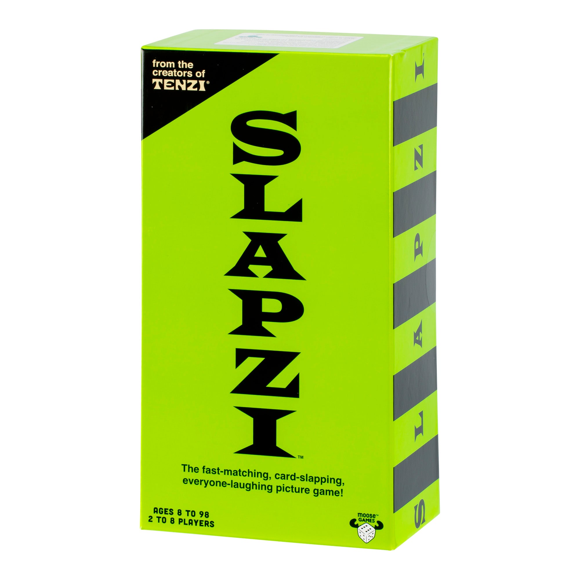 A vibrant green box with bold black letters, Moose Toys Slapzi Game is a fast-paced party card-slapping picture challenge for 2–10 players, ages 8 to 98, created by the makers of Tenzi.