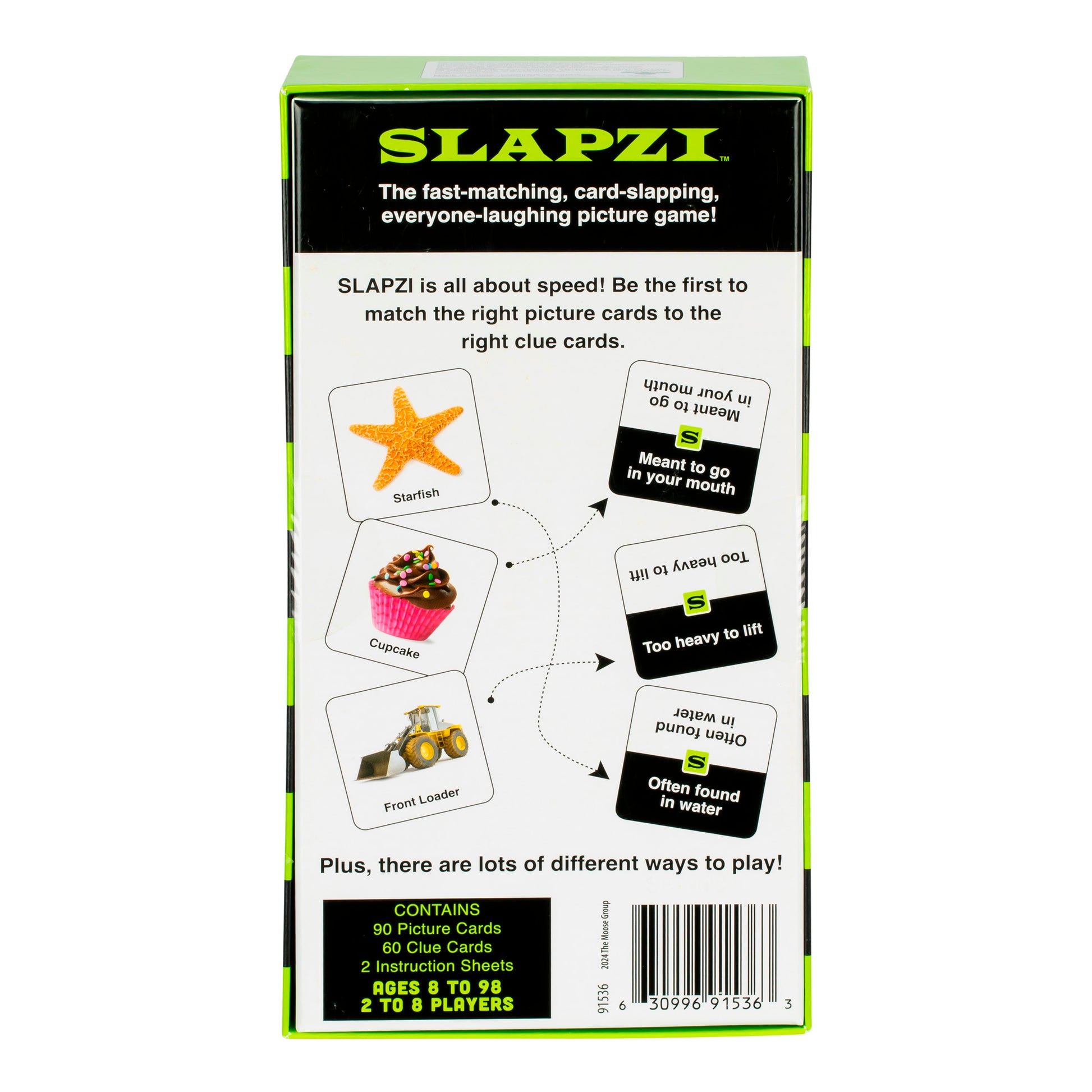 The back of a Moose Toys Slapzi Game box features its logo, fast-paced party game description, sample cards (starfish, cupcake, front loader), instructions, contents, and age range for 2-8 players ages 7-98.