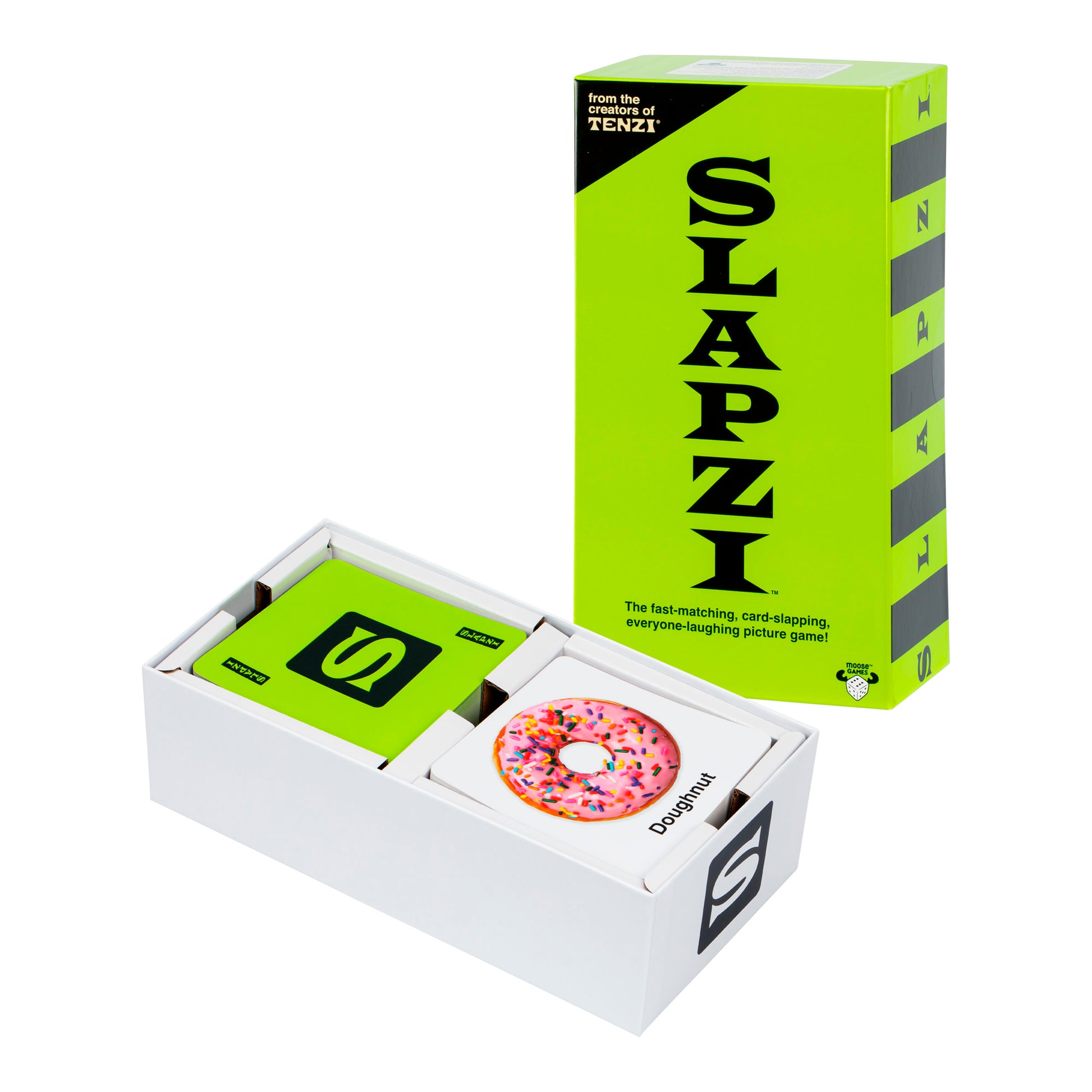 A green and black box labeled “Moose Toys Slapzi Game” is shown open with game cards inside. One visible card features a sprinkled donut and the word “Doughnut.” This fast-paced game is perfect for family game night.