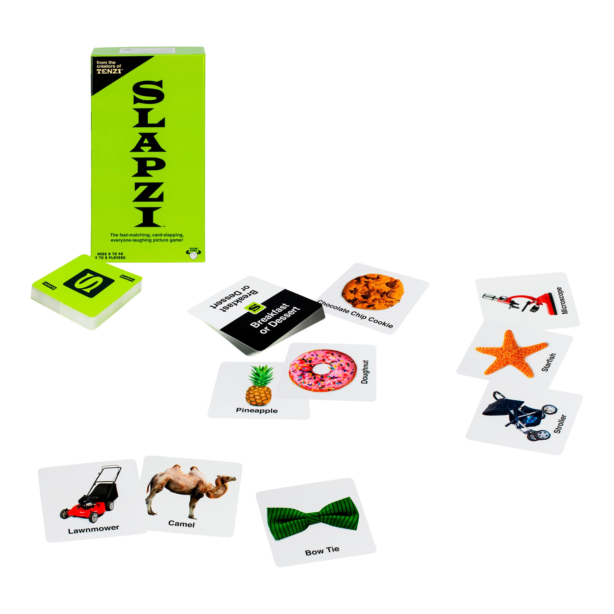A Moose Toys Slapzi Game box and stack of cards are shown with various picture cards like a pineapple, bow tie, camel, lawnmower, cookie, starfish, and ATV—making it a fast-paced family party game for game night.