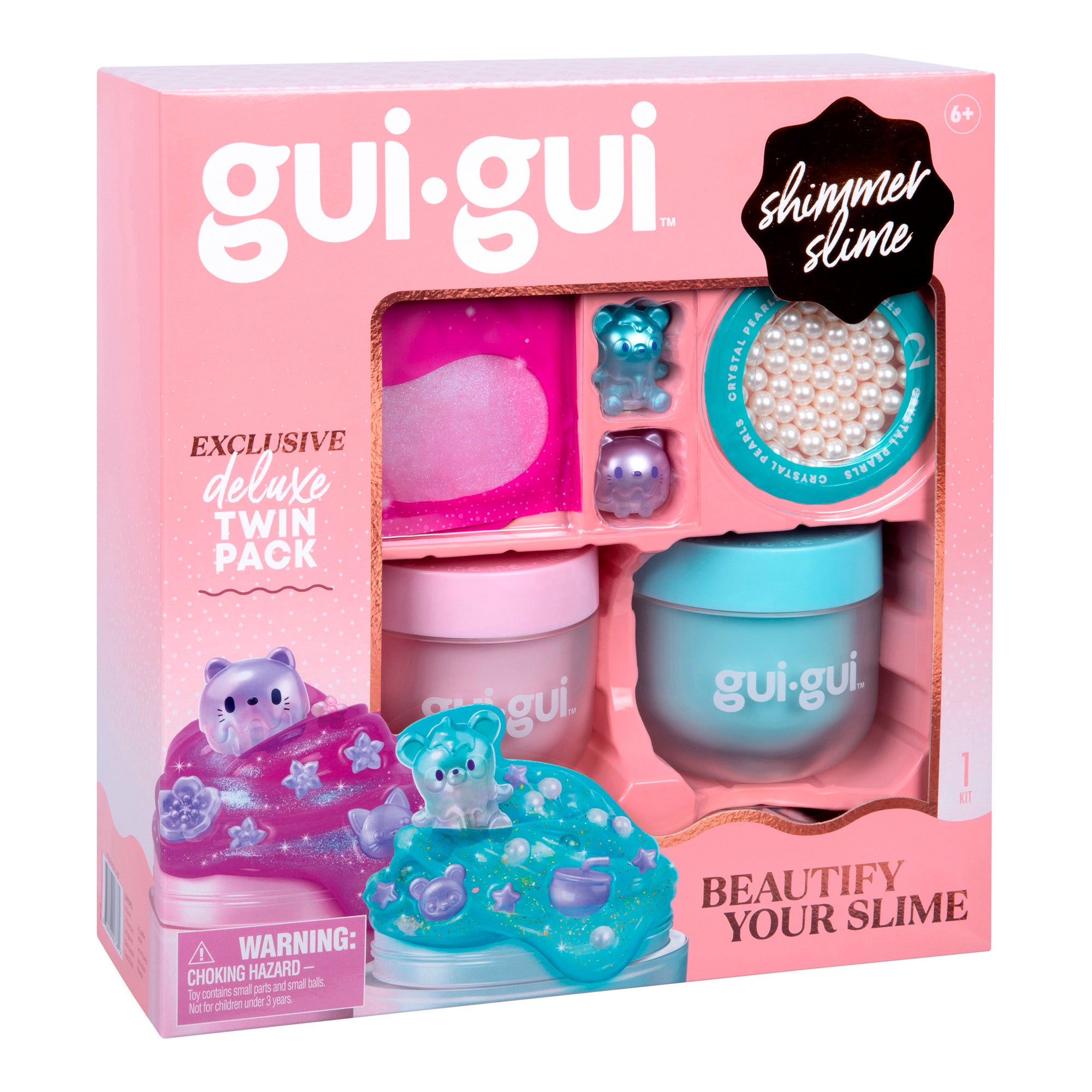 The Gui Gui Shimmer Deluxe Duo Pack includes two slime jars, a bear figurine, heart-shaped sponge, pearly beads, and accessories. The pink box features blue slime and a cute bear design. Suitable for ages 6+.