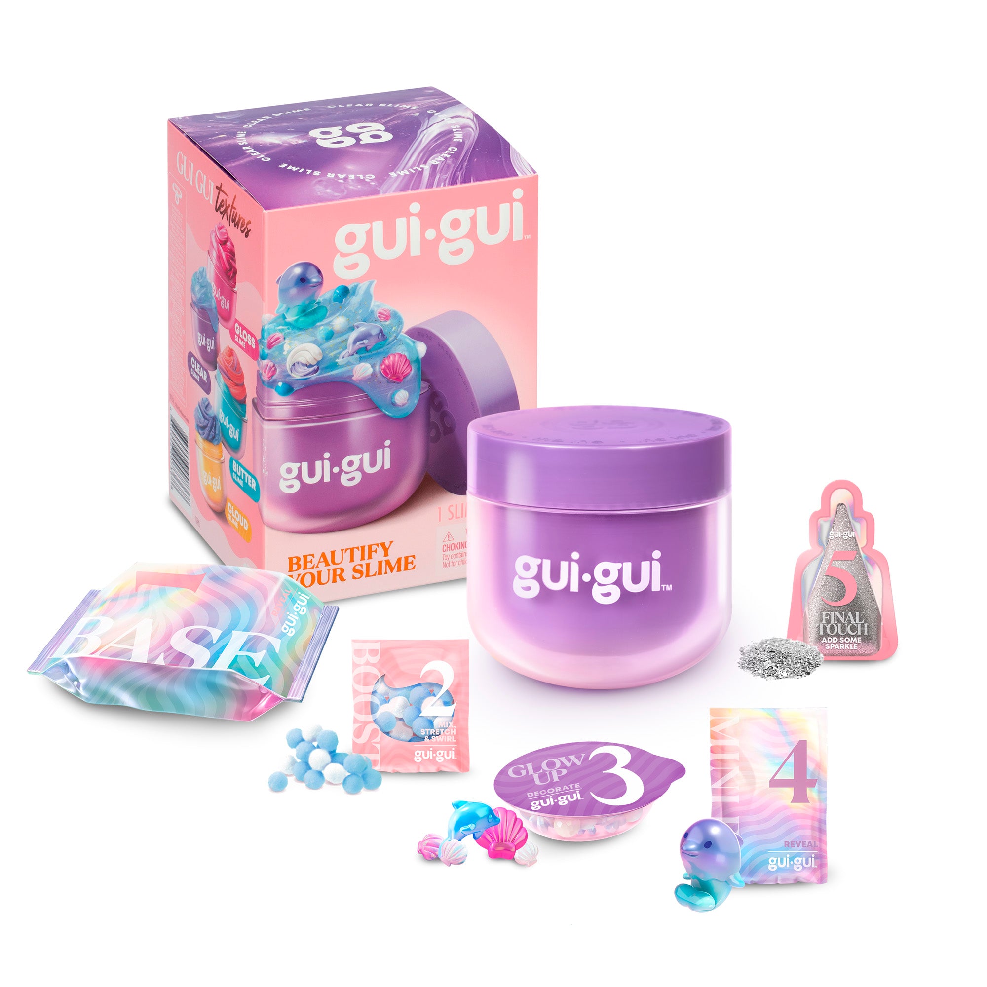 gui-gui slime product set with packaging and accessories on a white background