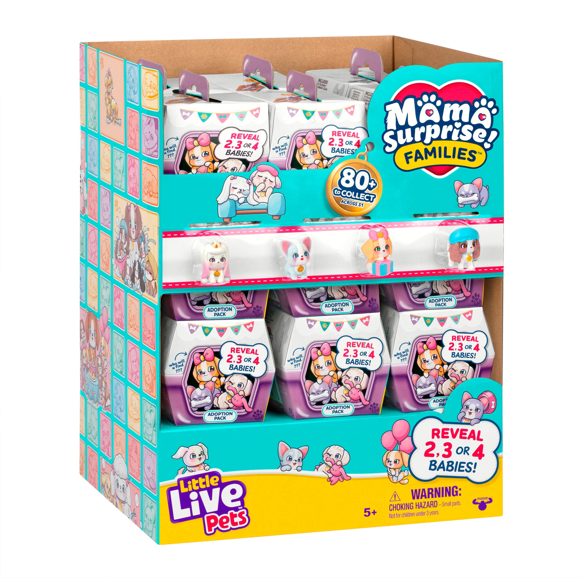 LLP Mama Surprise Families Adoption Pack display box with colorful animal and baby-themed packaging. Text says “Reveal 2, 3 or 4 Babies!” and “80+ to Collect.” For ages 5+, includes a choking hazard warning.