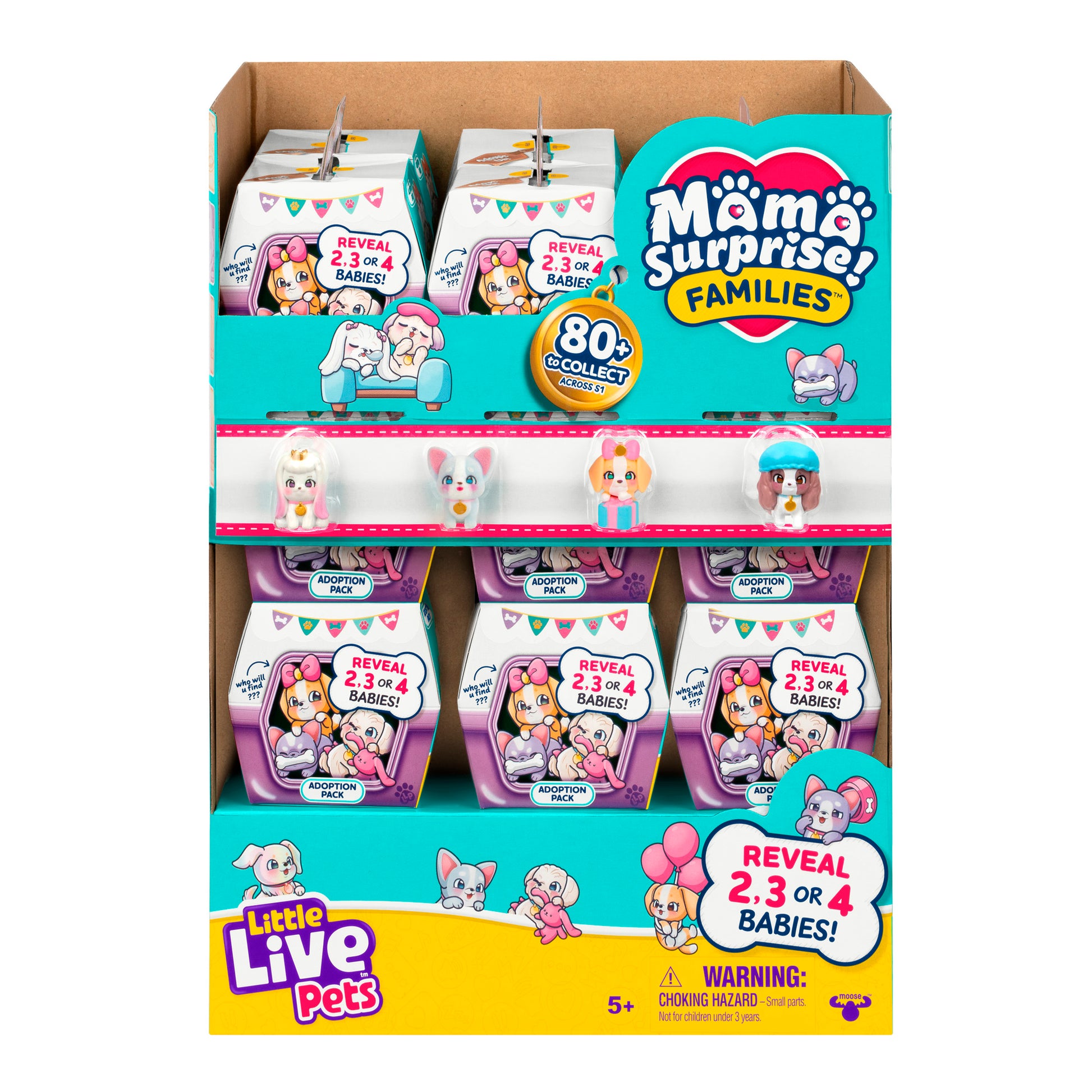 A display box of LLP Mama Surprise Families Adoption Pack toys with colorful packaging, cartoon animals, "Reveal 2, 3, or 4 babies!" and "80+ to collect" signs. Includes a puppy adoption pack. For ages 5+.