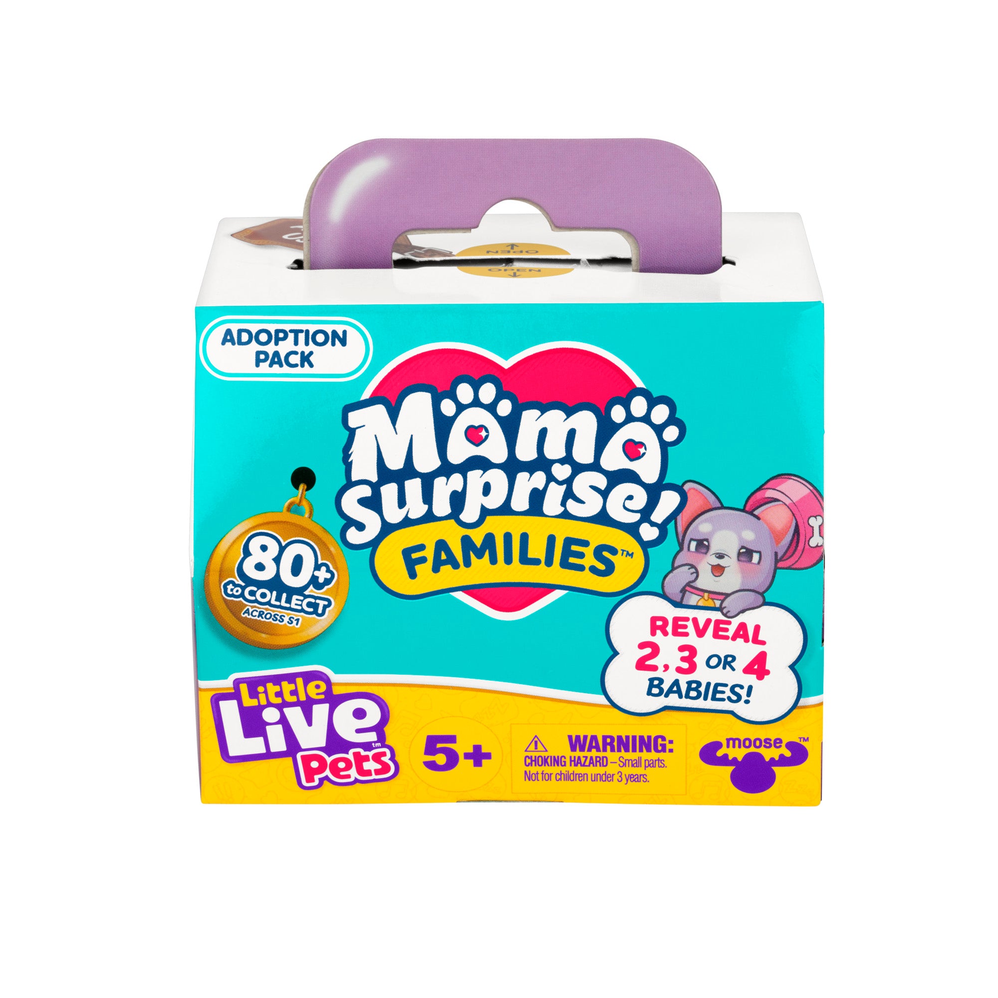 The LLP Mama Surprise Families Adoption Pack is a colorful box with a purple handle, offering 80+ to collect and the chance to reveal 2, 3, or 4 babies. Suitable for ages 5+. Ideal for Little Live Pets fans!.