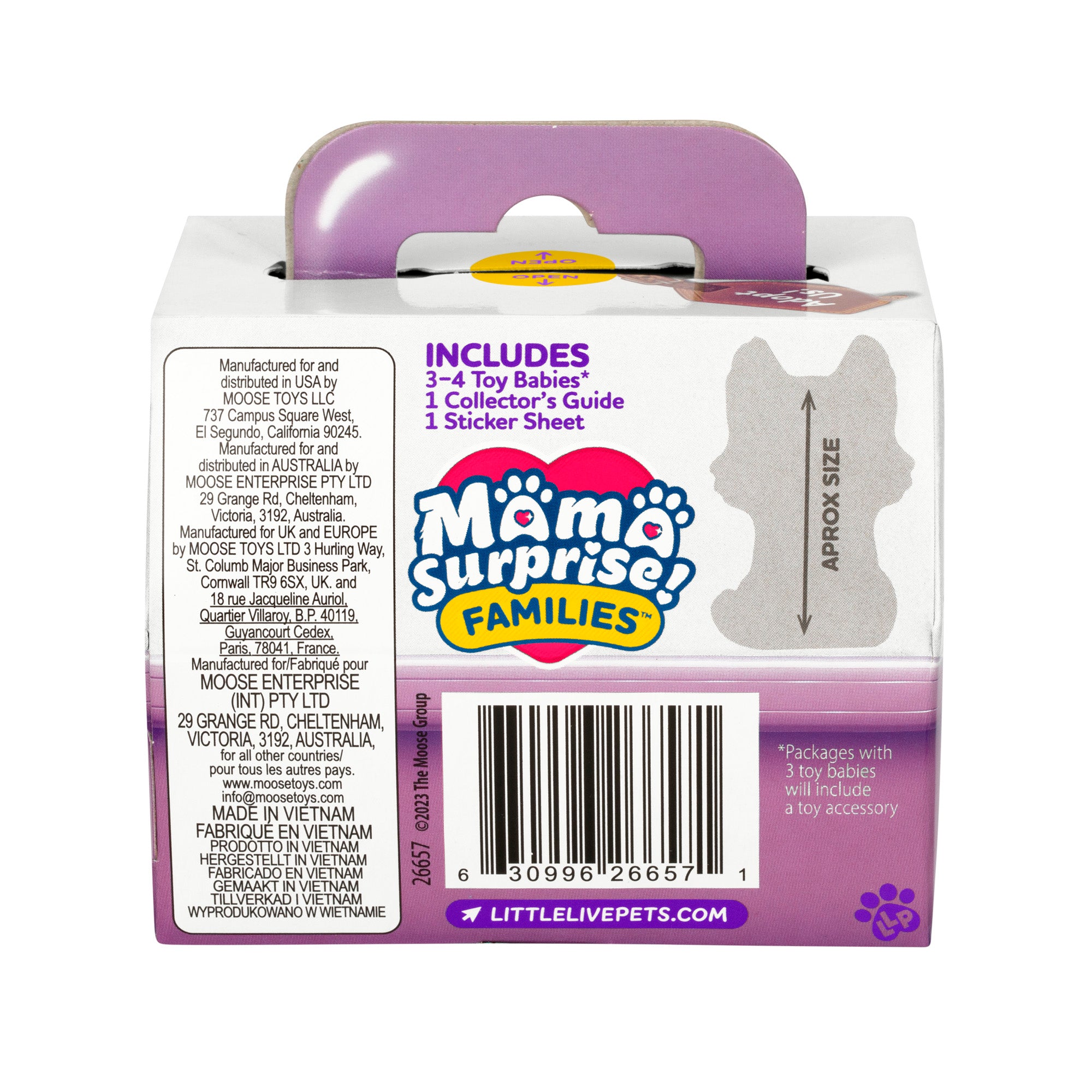Back of the LLP Mama Surprise Families Adoption Pack toy box with product details, barcode, and toy size silhouette. Includes 3-4 baby toys, 1 collector's guide, and a sticker sheet in this puppy adoption set.
