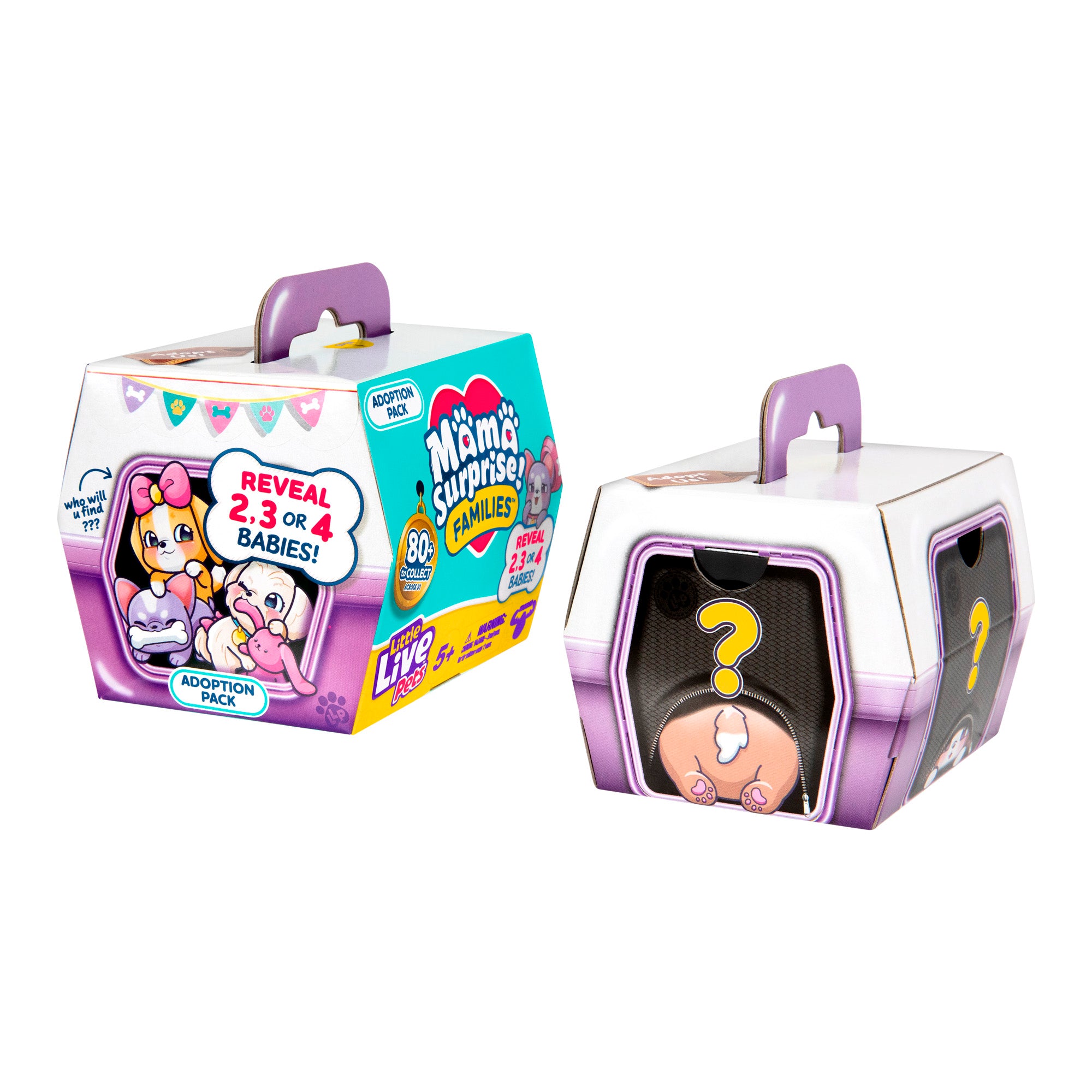 Two white boxes with purple accents feature the LLP Mama Surprise Families Adoption Pack branding. One package shows a cartoon guinea pig, a question mark, and the text “Reveal 2, 3, or 4 babies!” Both boxes resemble pet carriers.